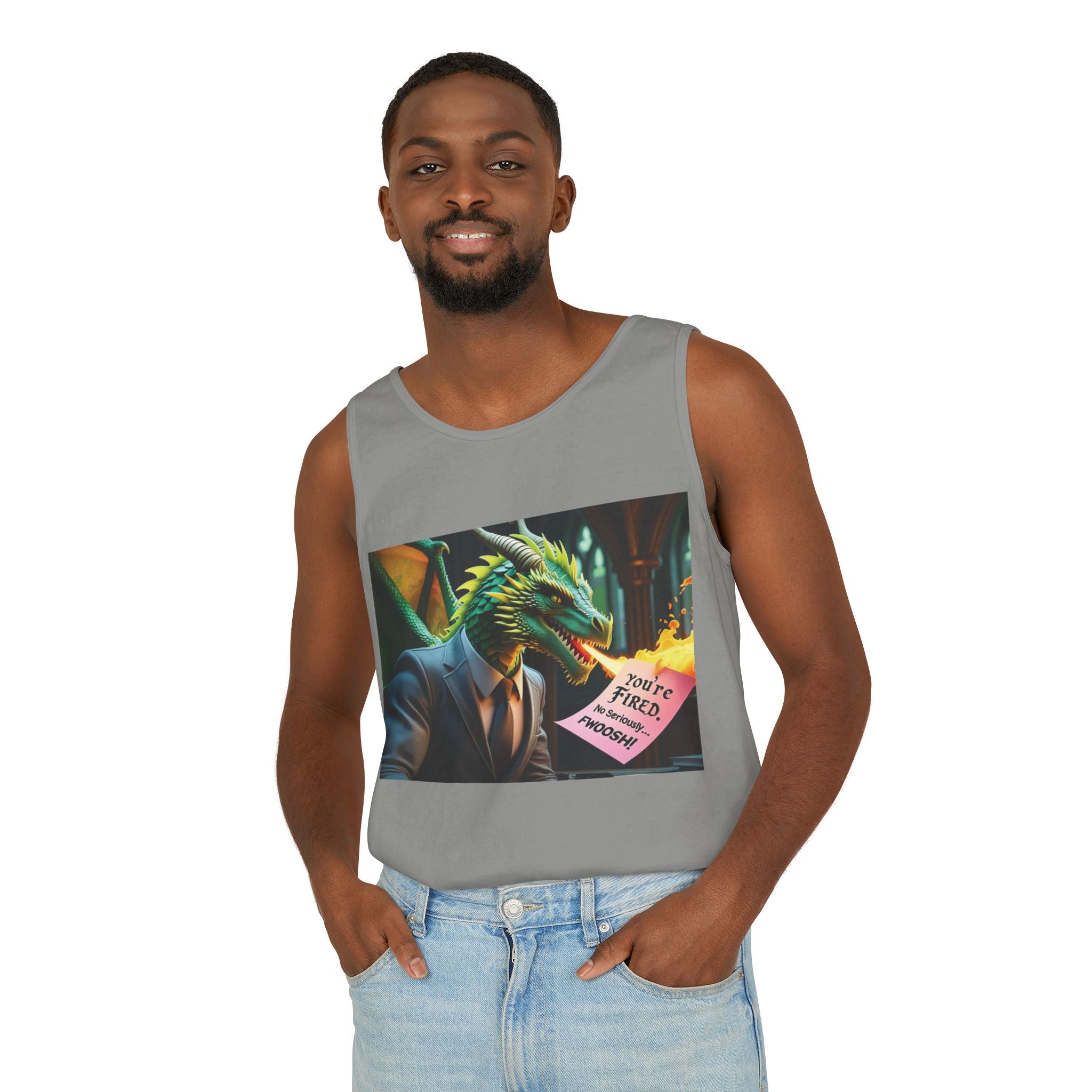 Funny "You're Fired!" Dragon Art Unisex Tank Top, Soft Fabric, Summer Essential, Perfect for Festivals, Gifts for Fantasy Lovers, Casual Wear