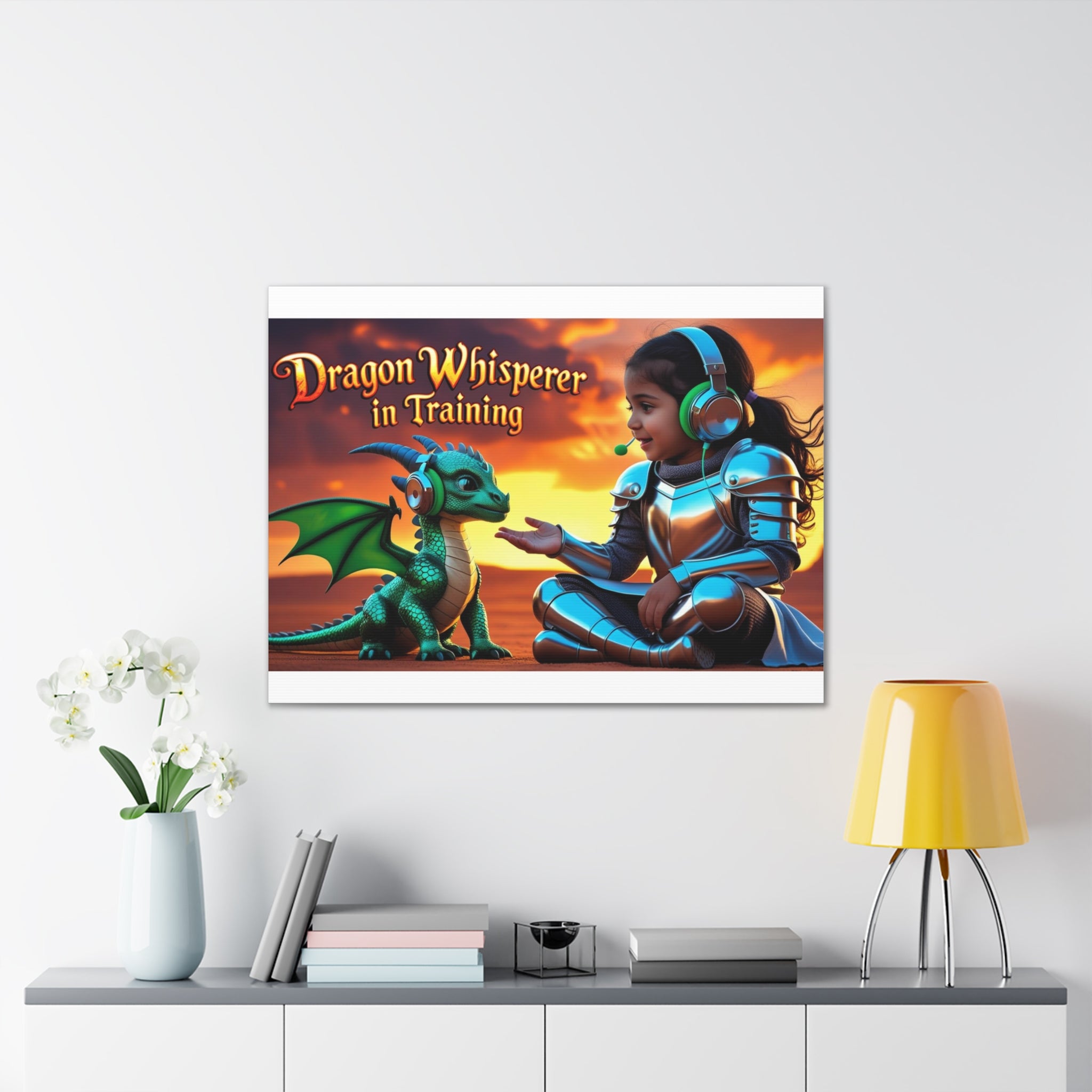 Dragon Whisperer (Girl) Canvas Print, Fantasy Wall Art, Kids Room Decor, Magical Artwork, Gift for Dragon Lovers, Adventure Theme