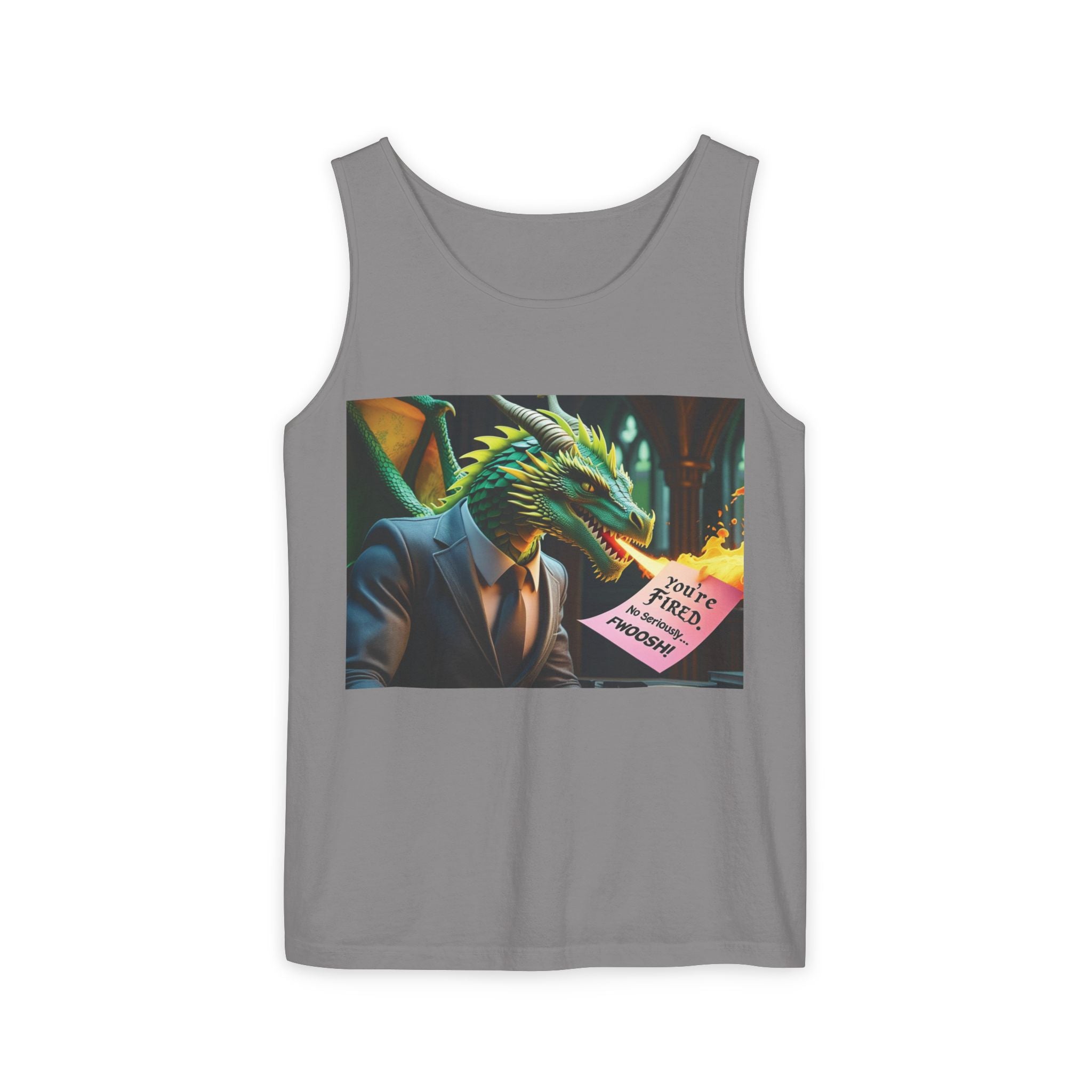 Funny "You're Fired!" Dragon Art Unisex Tank Top, Soft Fabric, Summer Essential, Perfect for Festivals, Gifts for Fantasy Lovers, Casual Wear