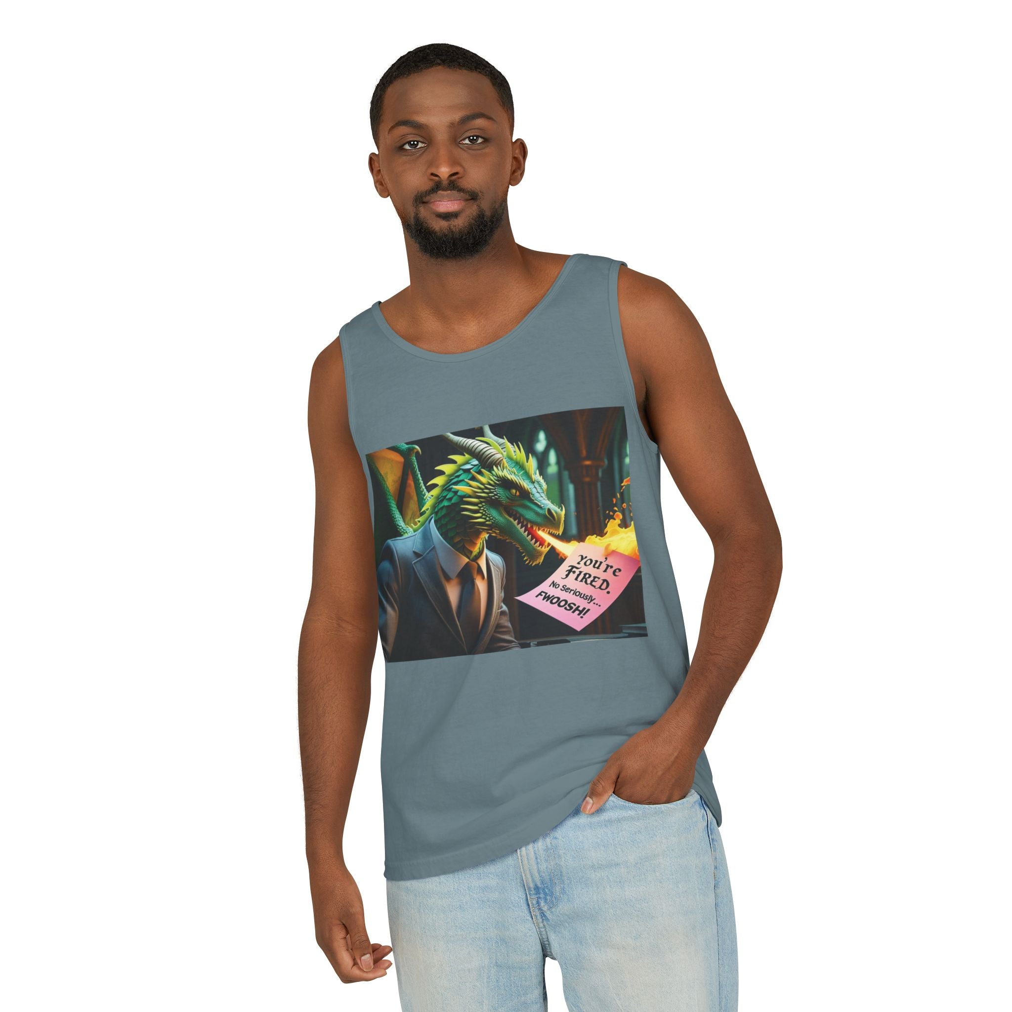 Funny "You're Fired!" Dragon Art Unisex Tank Top, Soft Fabric, Summer Essential, Perfect for Festivals, Gifts for Fantasy Lovers, Casual Wear