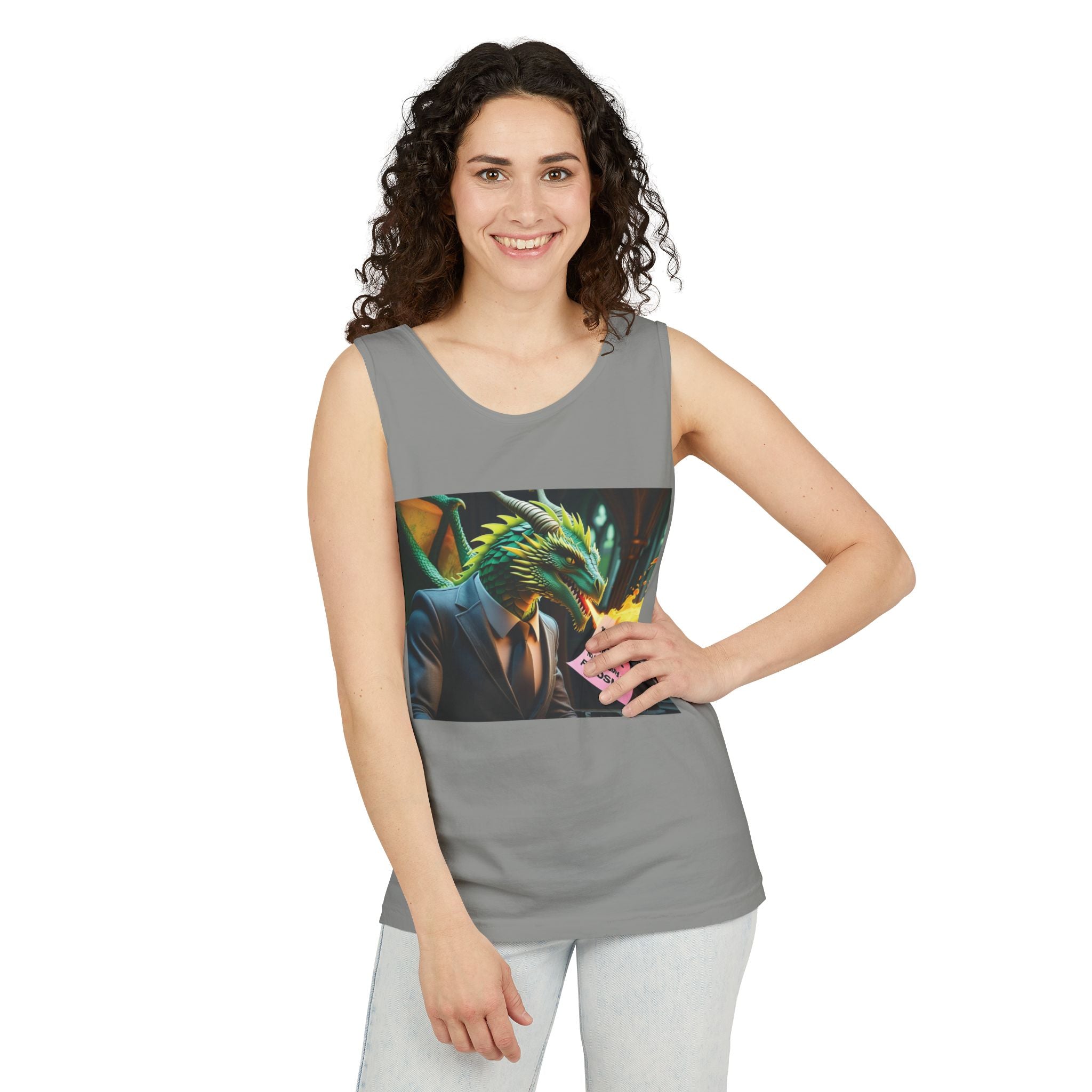 Funny "You're Fired!" Dragon Art Unisex Tank Top, Soft Fabric, Summer Essential, Perfect for Festivals, Gifts for Fantasy Lovers, Casual Wear