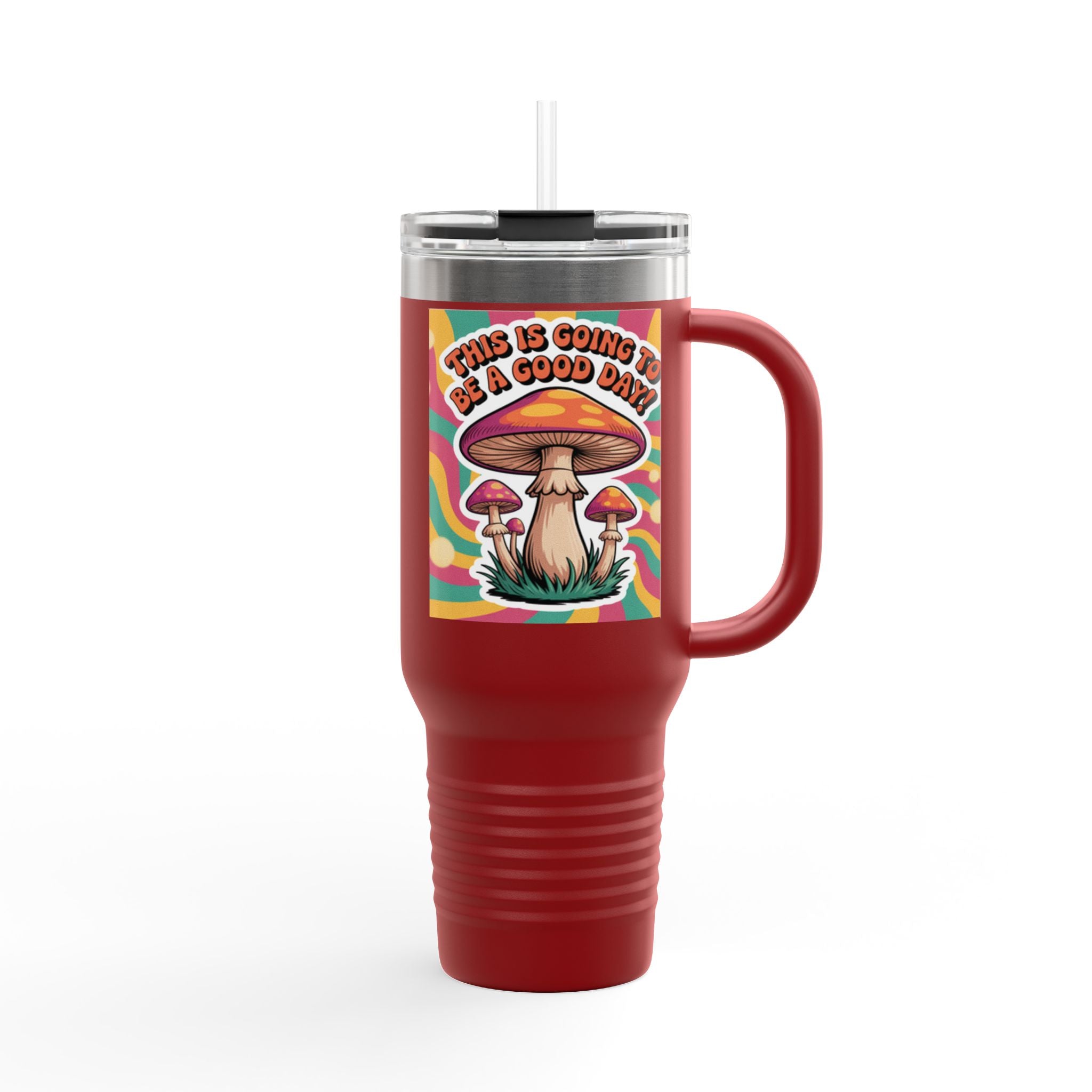 Colorful Happy Mushroom Insulated Travel Mug - Perfect for Adventures, Gifts, Summer Vibes, Camping, Road Trips, Daily Motivation