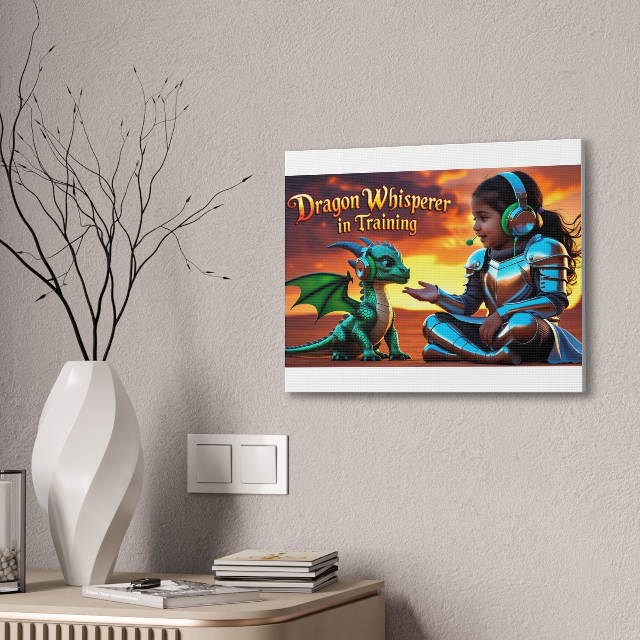 Dragon Whisperer (Girl) Canvas Print, Fantasy Wall Art, Kids Room Decor, Magical Artwork, Gift for Dragon Lovers, Adventure Theme