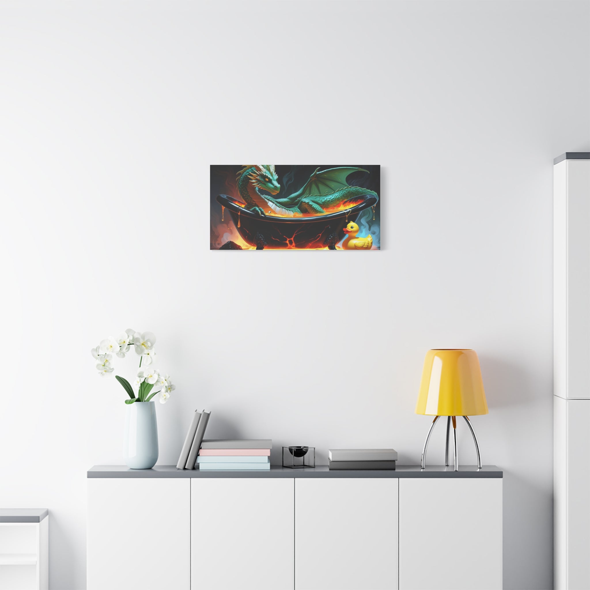 Whimsical Dragon In A Tub  Canvas Wall Art, Fantasy Decor, Kids Room Decor, Unique Gifts for Dragon Lovers, Cute Bathroom Art, Magical Home Decor