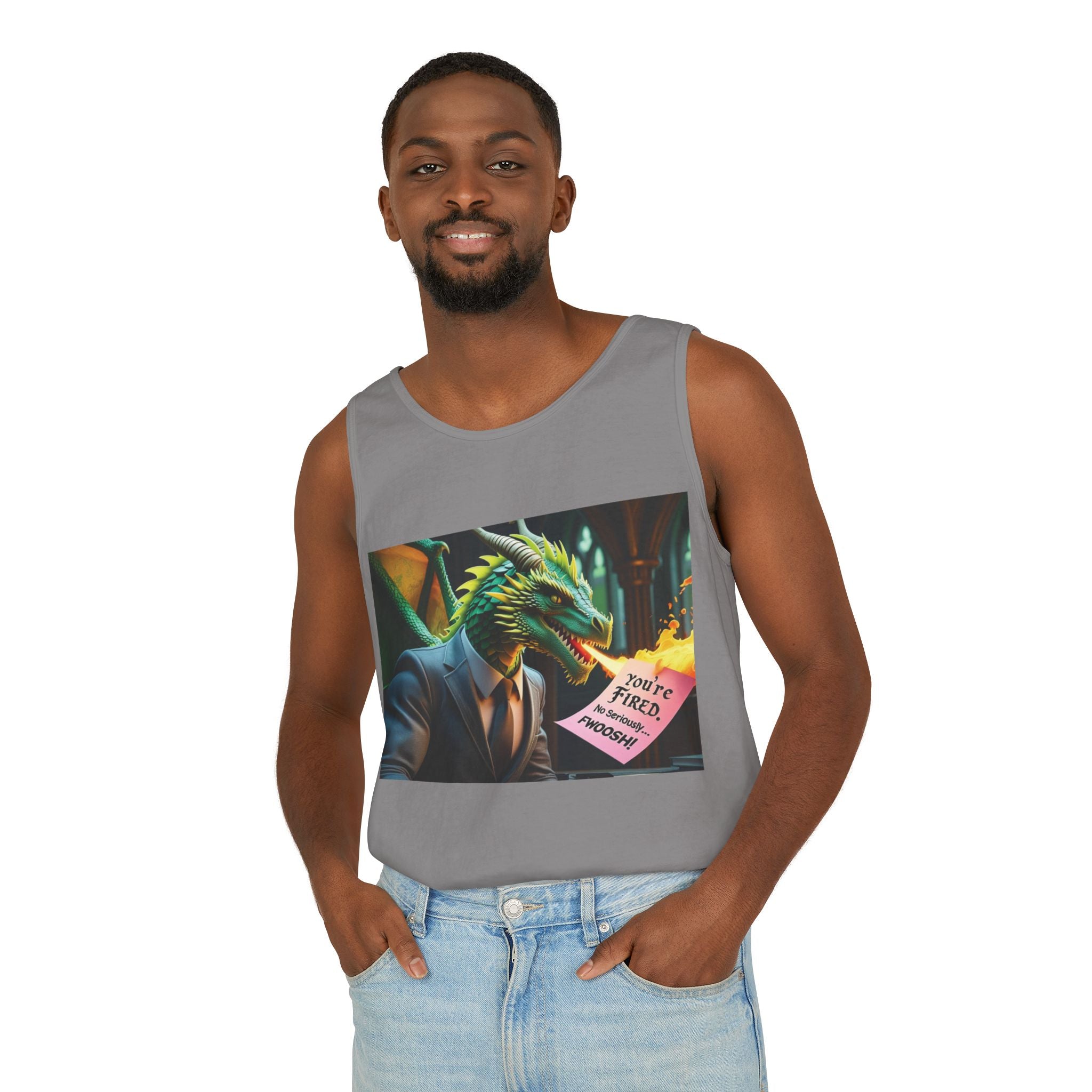 Funny "You're Fired!" Dragon Art Unisex Tank Top, Soft Fabric, Summer Essential, Perfect for Festivals, Gifts for Fantasy Lovers, Casual Wear