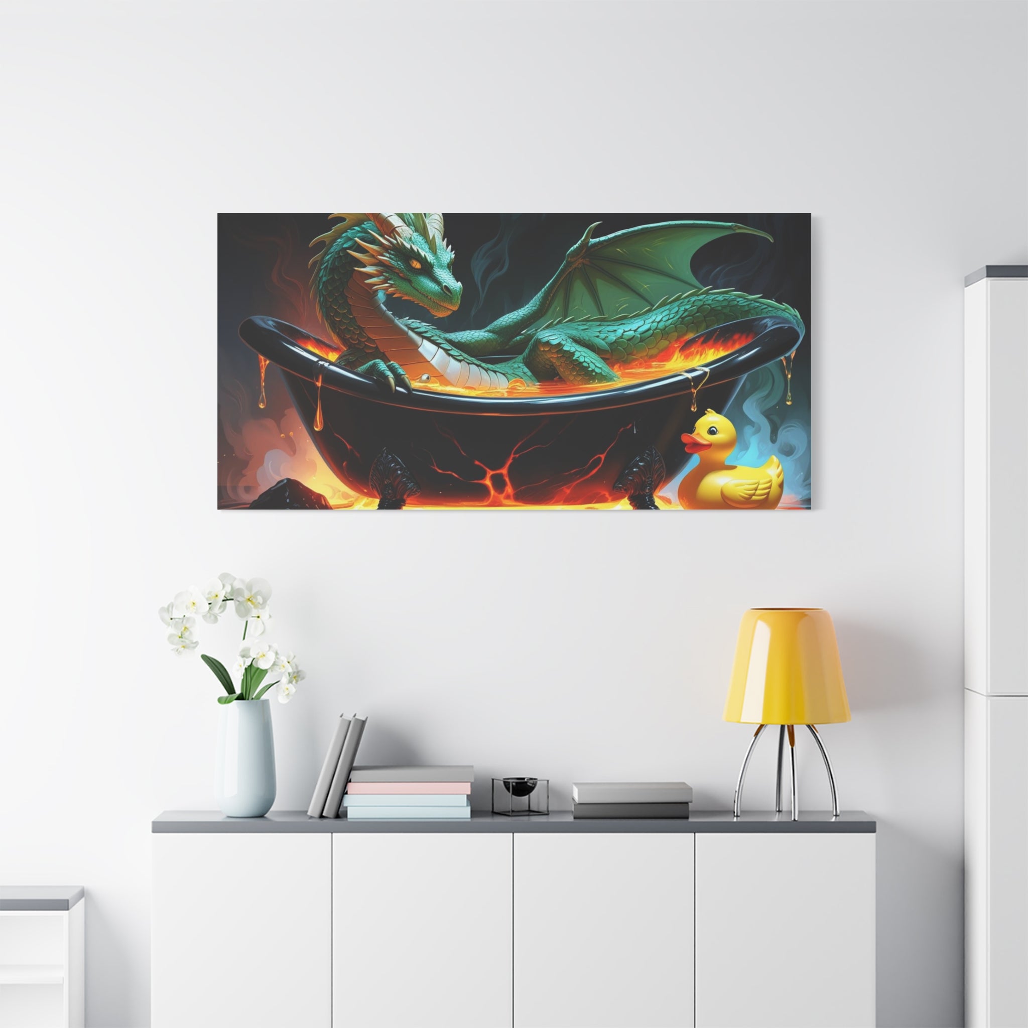 Whimsical Dragon In A Tub  Canvas Wall Art, Fantasy Decor, Kids Room Decor, Unique Gifts for Dragon Lovers, Cute Bathroom Art, Magical Home Decor