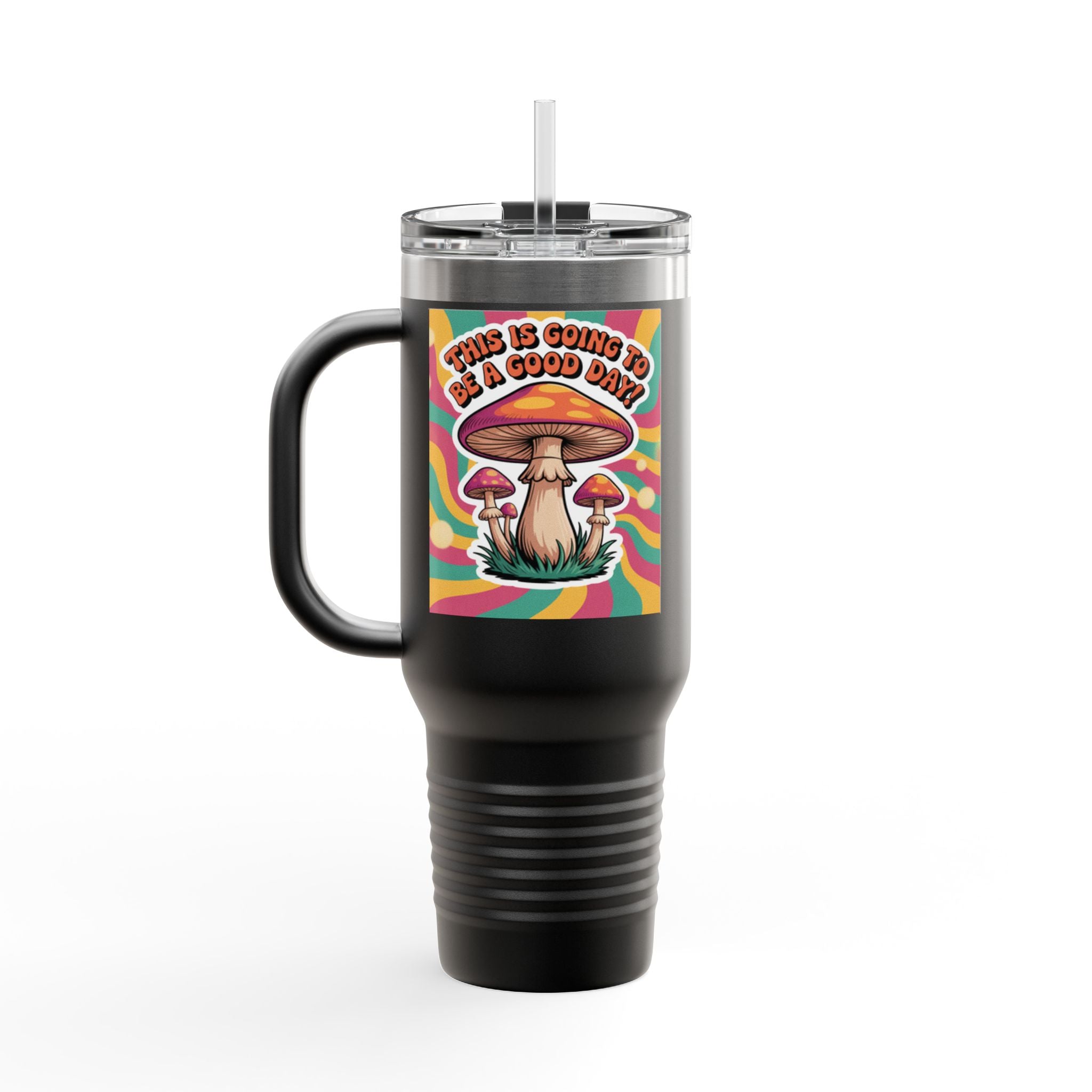 Colorful Happy Mushroom Insulated Travel Mug - Perfect for Adventures, Gifts, Summer Vibes, Camping, Road Trips, Daily Motivation