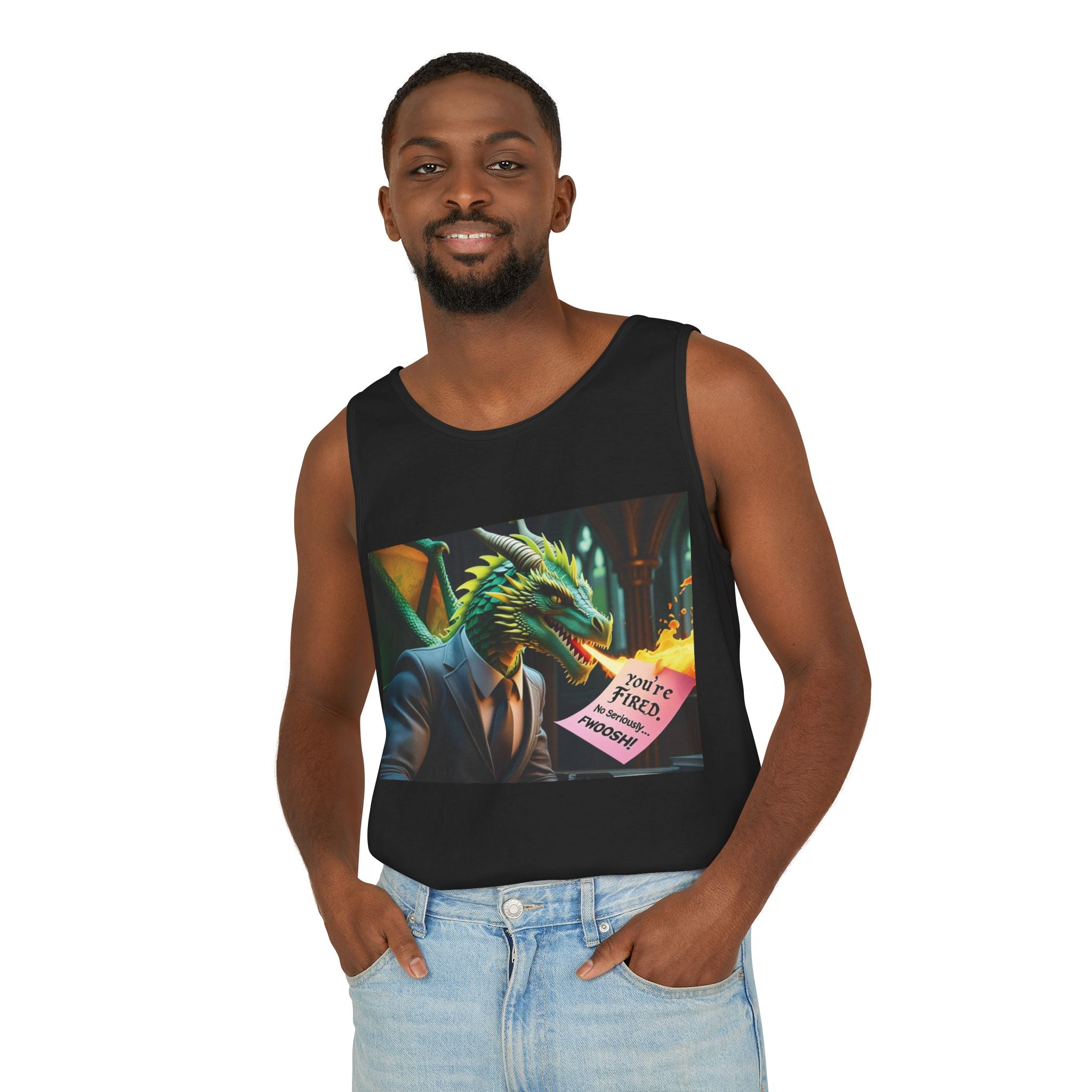 Funny "You're Fired!" Dragon Art Unisex Tank Top, Soft Fabric, Summer Essential, Perfect for Festivals, Gifts for Fantasy Lovers, Casual Wear