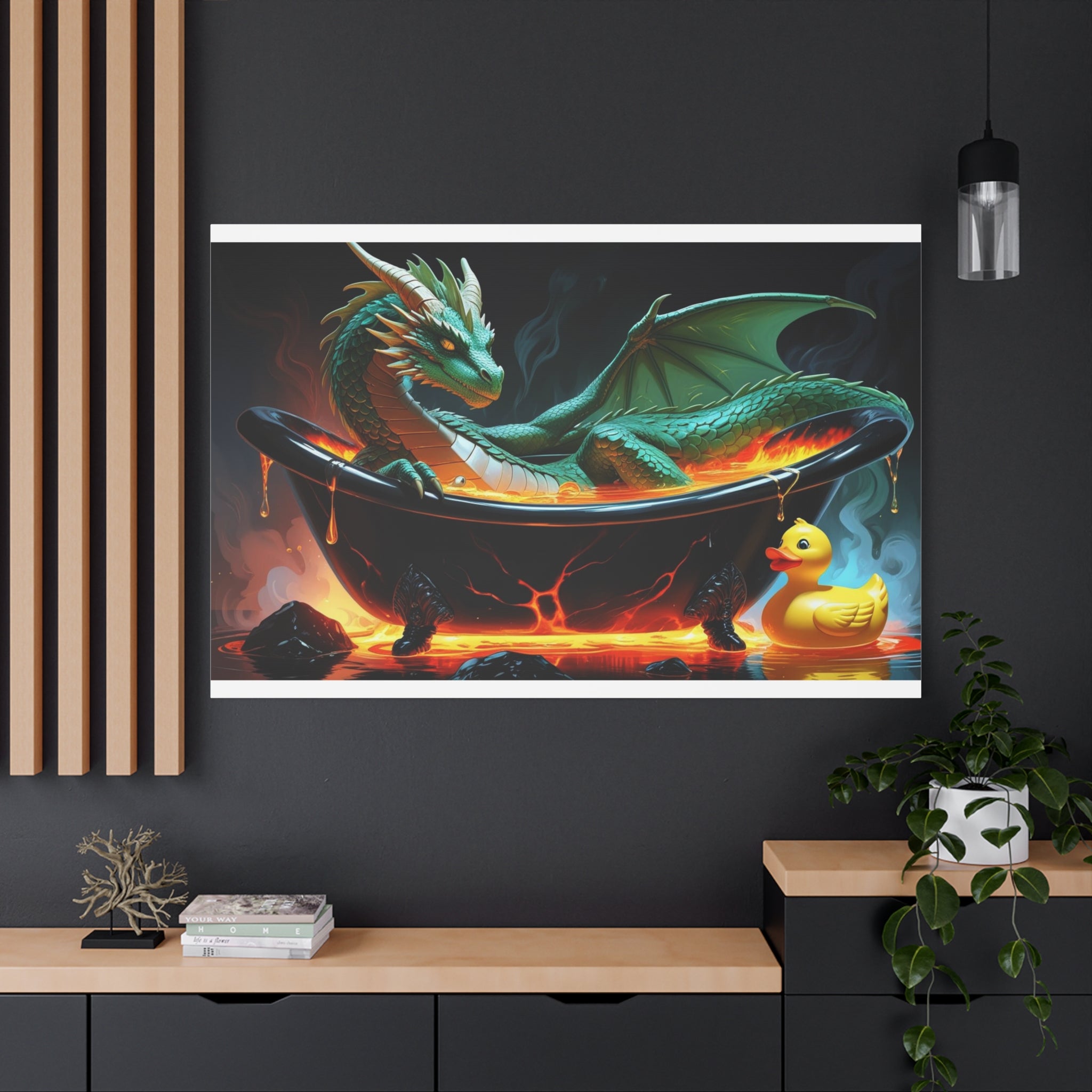Whimsical Dragon In A Tub  Canvas Wall Art, Fantasy Decor, Kids Room Decor, Unique Gifts for Dragon Lovers, Cute Bathroom Art, Magical Home Decor