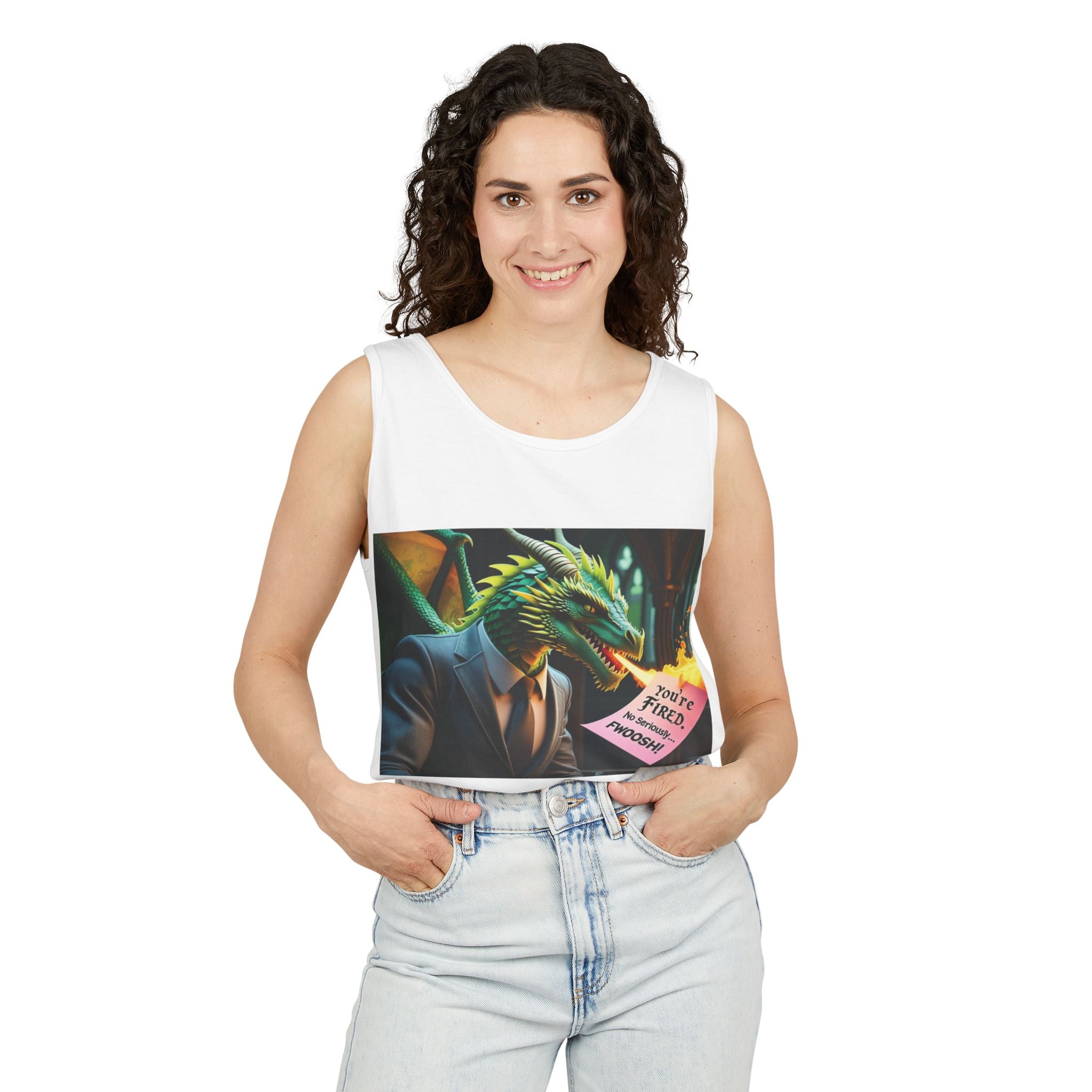 Funny "You're Fired!" Dragon Art Unisex Tank Top, Soft Fabric, Summer Essential, Perfect for Festivals, Gifts for Fantasy Lovers, Casual Wear