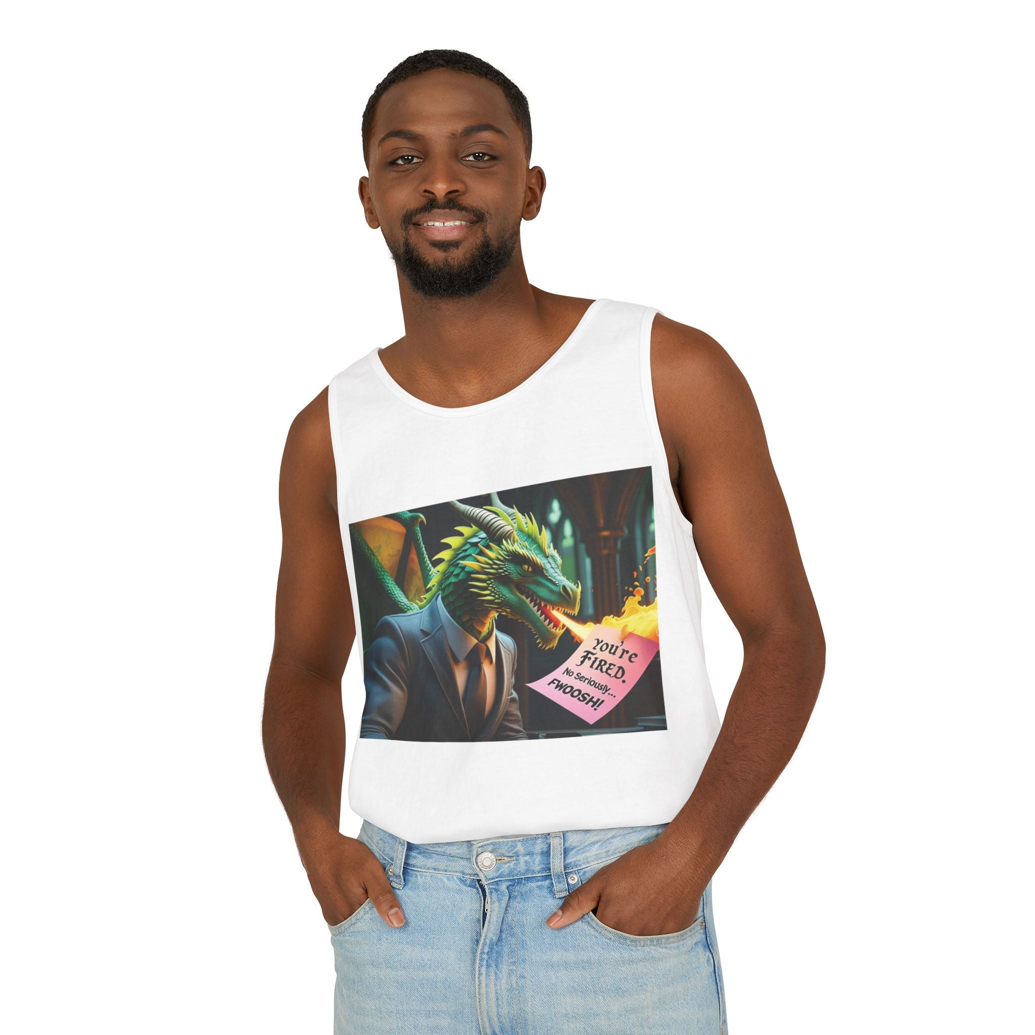 Funny "You're Fired!" Dragon Art Unisex Tank Top, Soft Fabric, Summer Essential, Perfect for Festivals, Gifts for Fantasy Lovers, Casual Wear