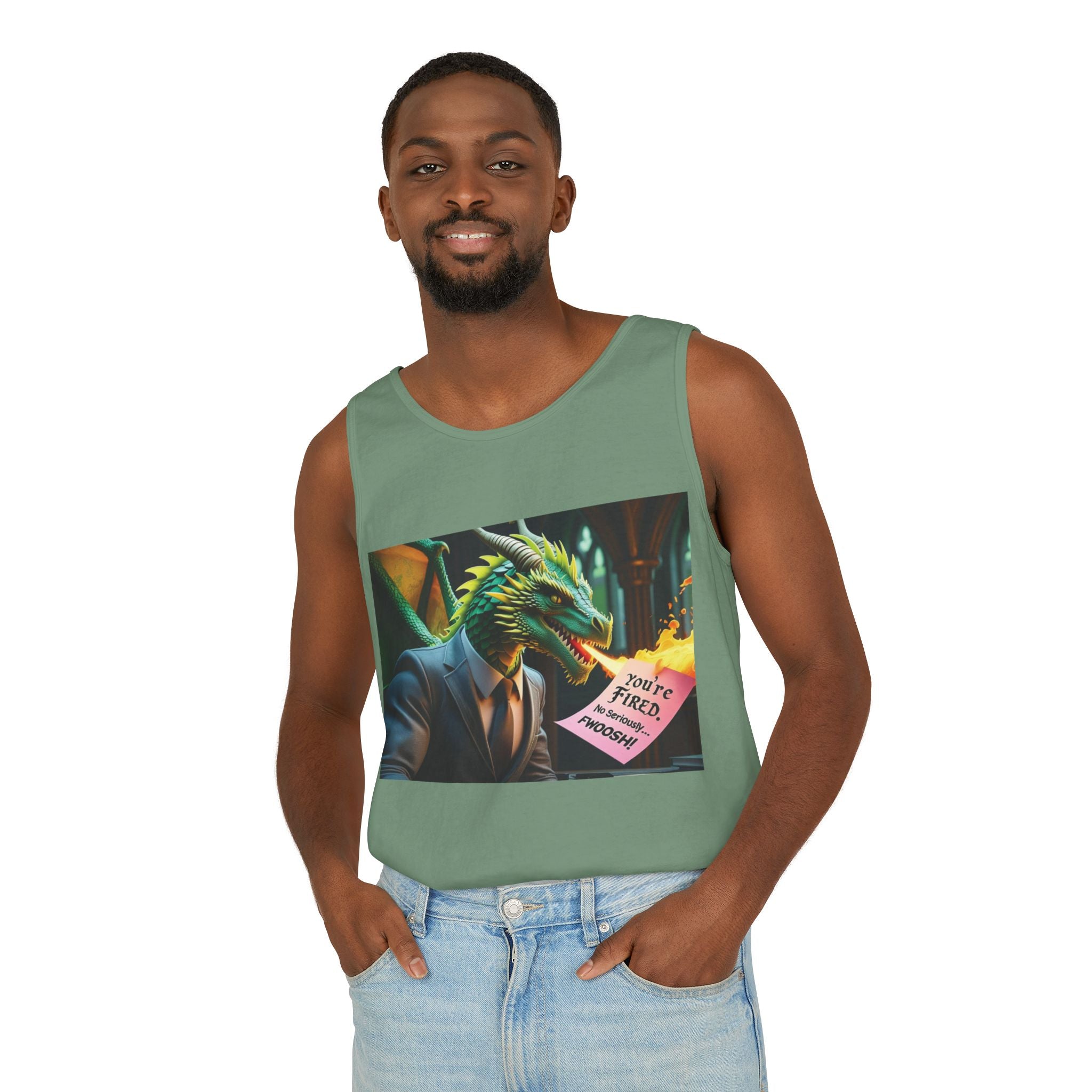 Funny "You're Fired!" Dragon Art Unisex Tank Top, Soft Fabric, Summer Essential, Perfect for Festivals, Gifts for Fantasy Lovers, Casual Wear