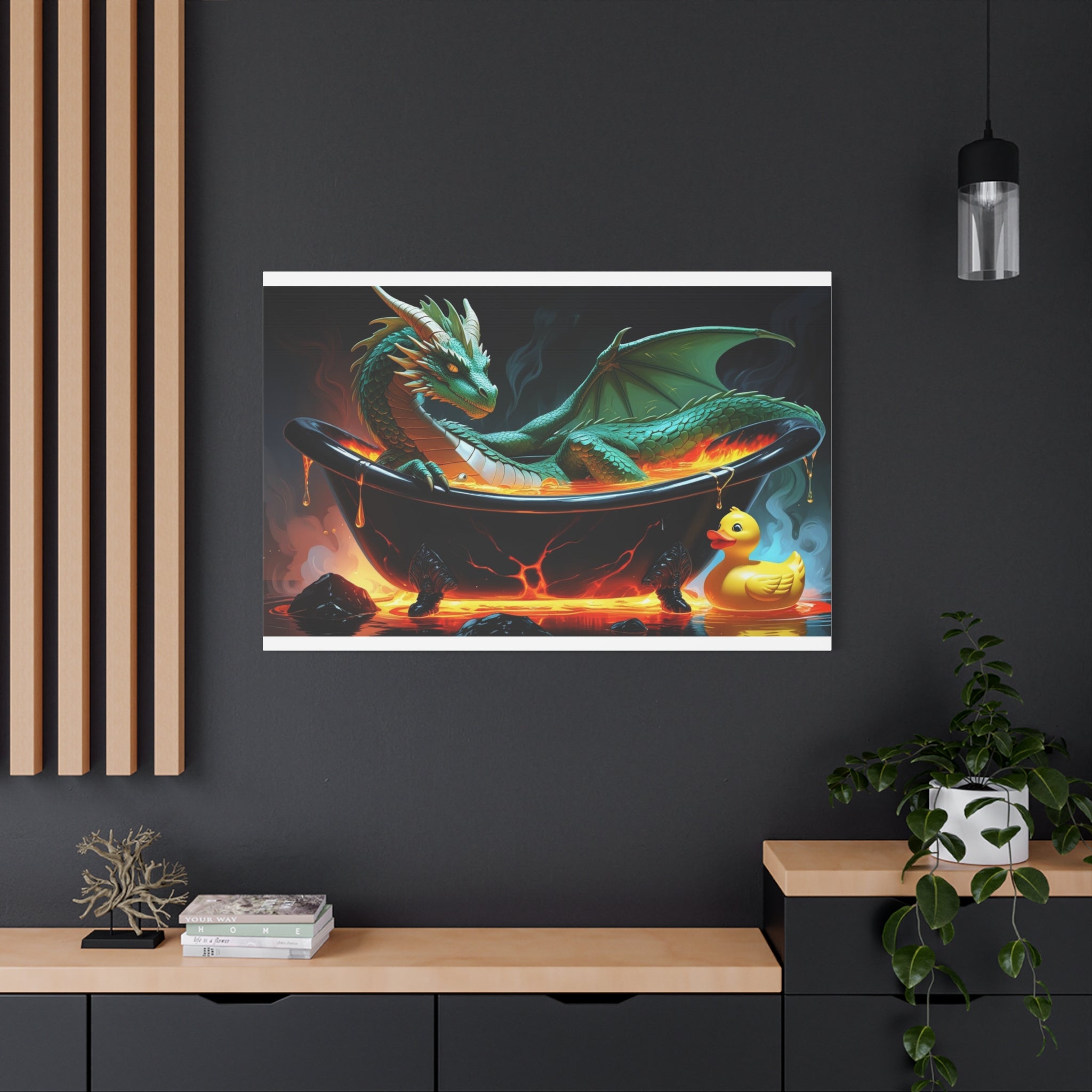 Whimsical Dragon In A Tub  Canvas Wall Art, Fantasy Decor, Kids Room Decor, Unique Gifts for Dragon Lovers, Cute Bathroom Art, Magical Home Decor