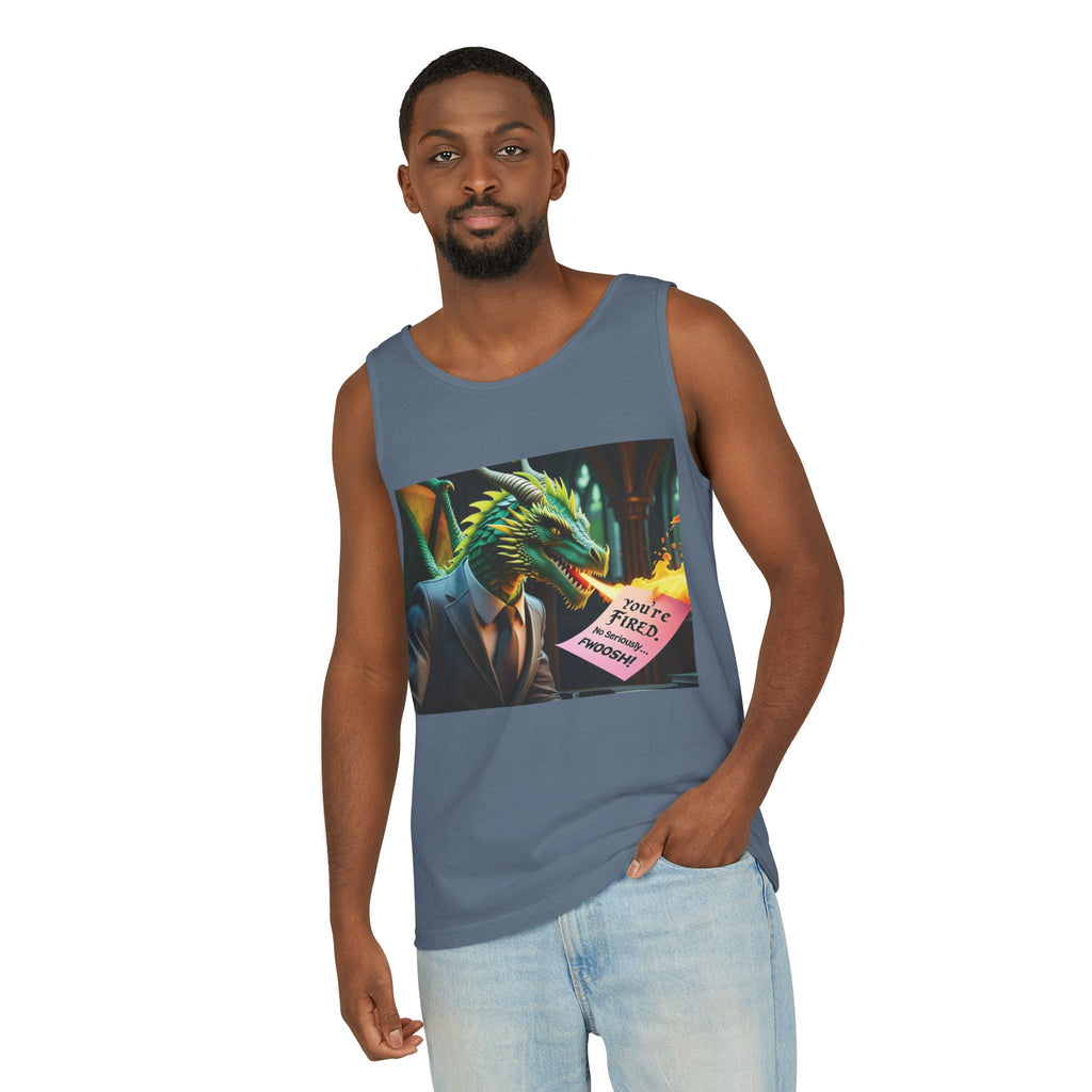 Funny "You're Fired!" Dragon Art Unisex Tank Top, Soft Fabric, Summer Essential, Perfect for Festivals, Gifts for Fantasy Lovers, Casual Wear