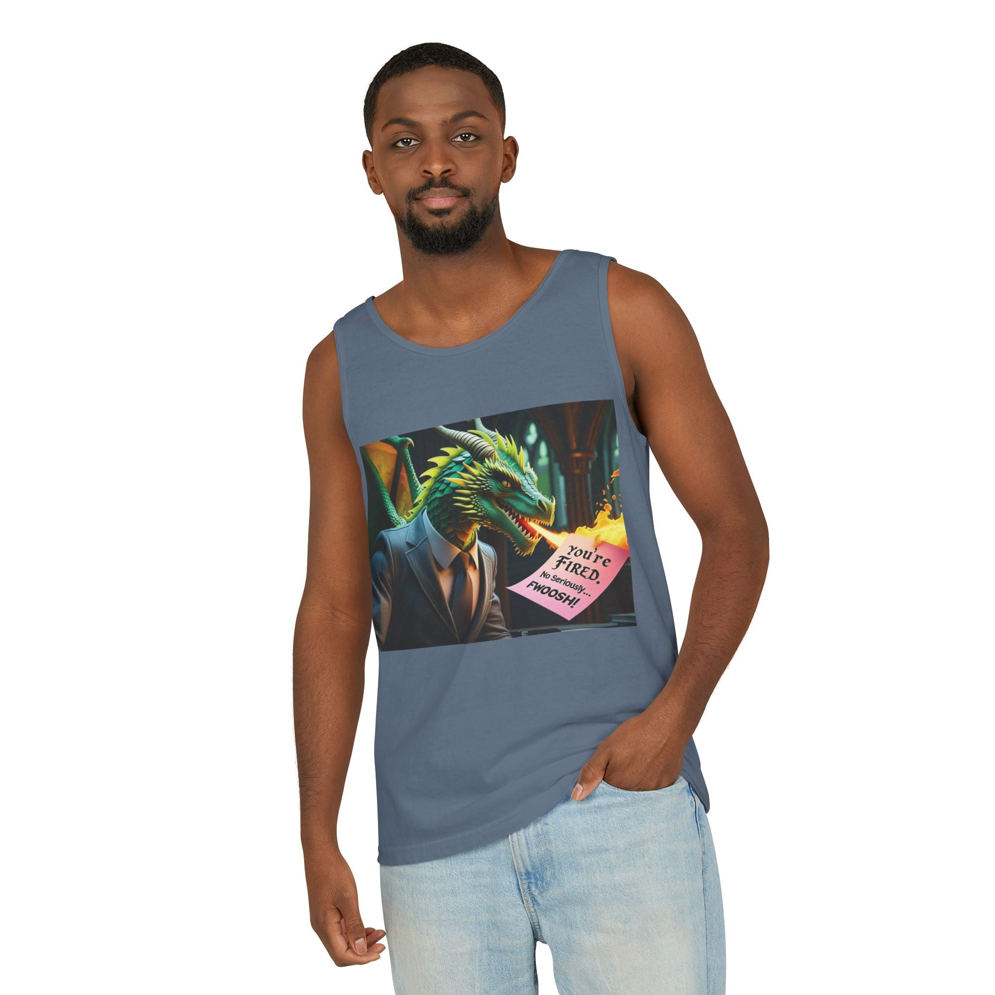 Funny "You're Fired!" Dragon Art Unisex Tank Top, Soft Fabric, Summer Essential, Perfect for Festivals, Gifts for Fantasy Lovers, Casual Wear