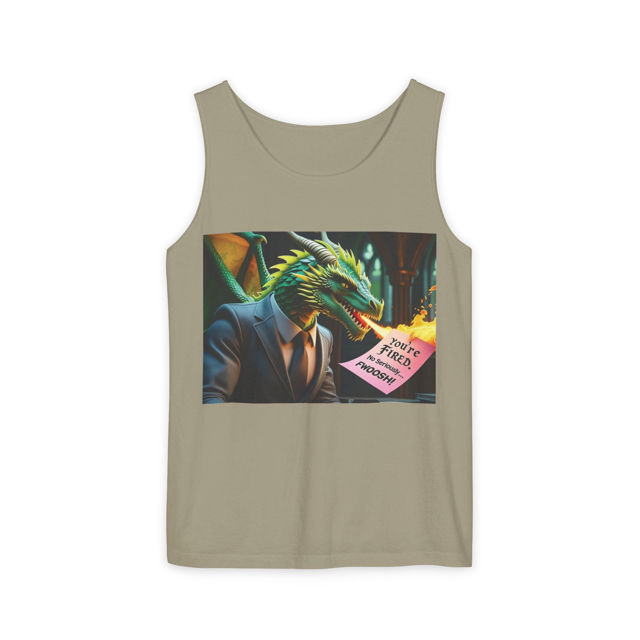 Funny "You're Fired!" Dragon Art Unisex Tank Top, Soft Fabric, Summer Essential, Perfect for Festivals, Gifts for Fantasy Lovers, Casual Wear
