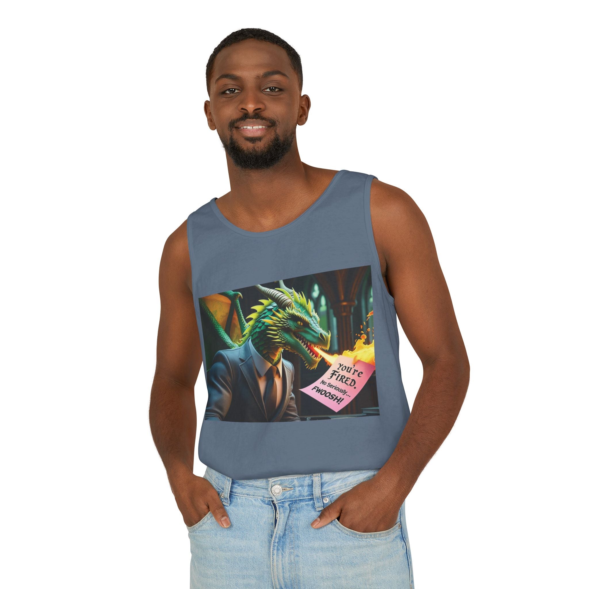 Funny "You're Fired!" Dragon Art Unisex Tank Top, Soft Fabric, Summer Essential, Perfect for Festivals, Gifts for Fantasy Lovers, Casual Wear