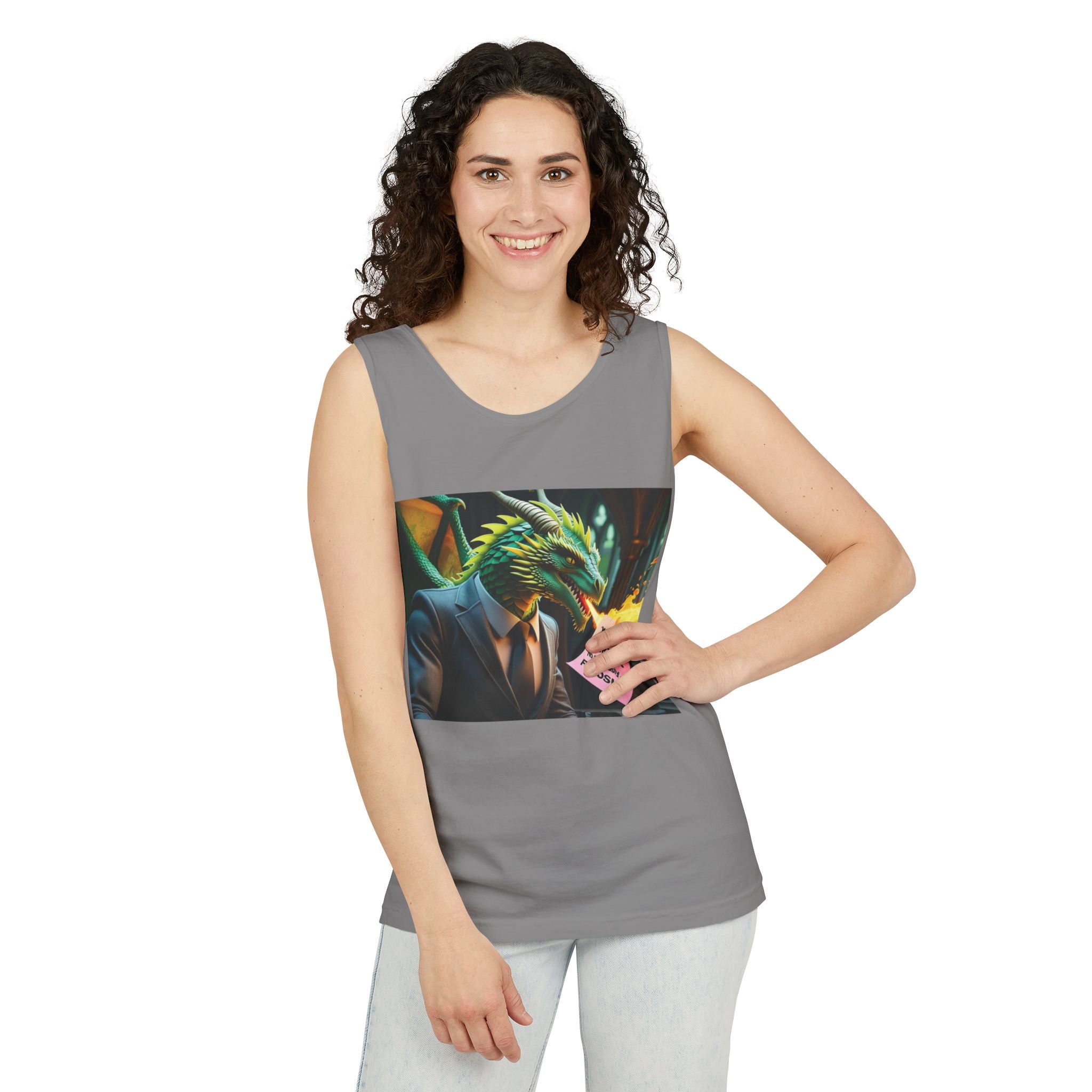 Funny "You're Fired!" Dragon Art Unisex Tank Top, Soft Fabric, Summer Essential, Perfect for Festivals, Gifts for Fantasy Lovers, Casual Wear