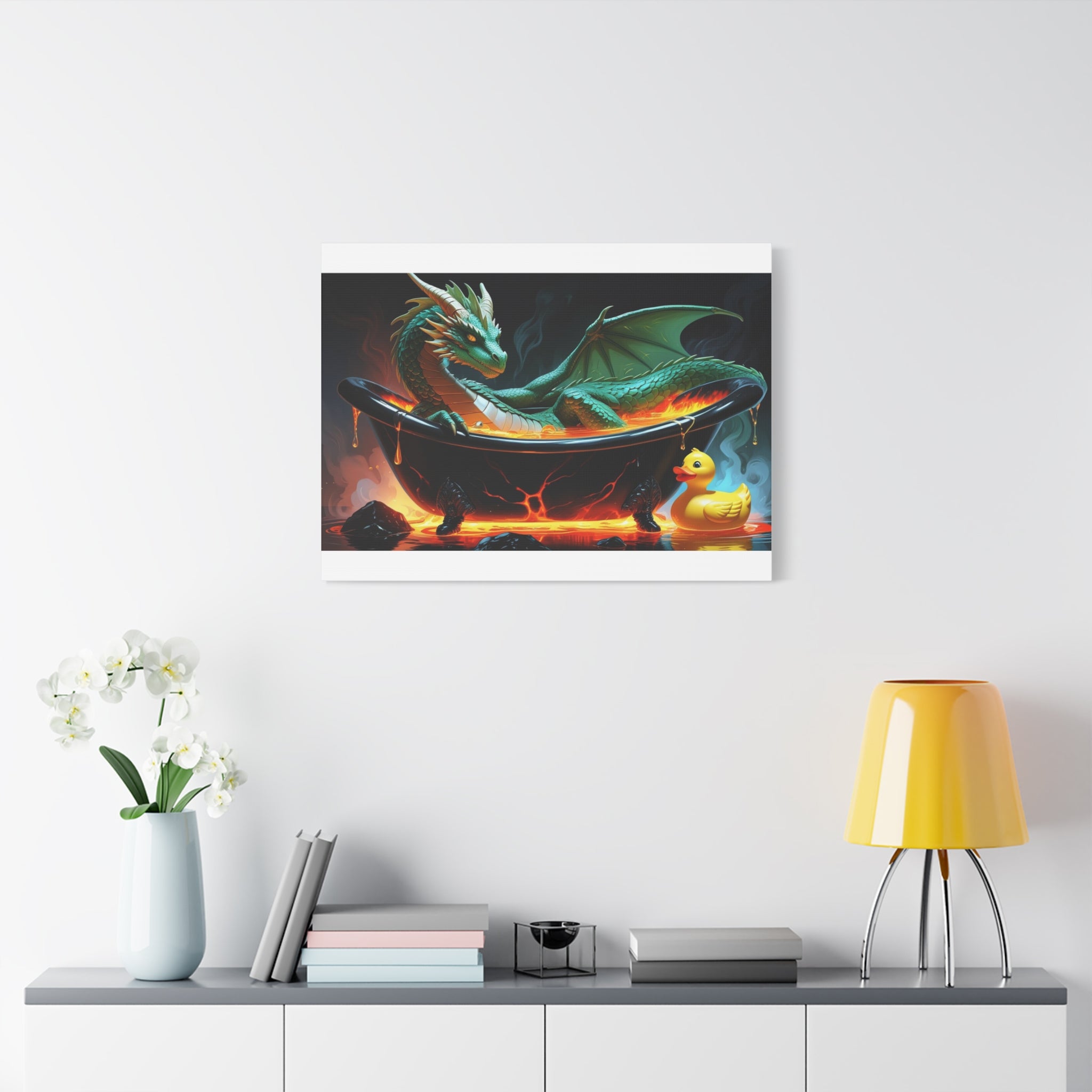 Whimsical Dragon In A Tub  Canvas Wall Art, Fantasy Decor, Kids Room Decor, Unique Gifts for Dragon Lovers, Cute Bathroom Art, Magical Home Decor