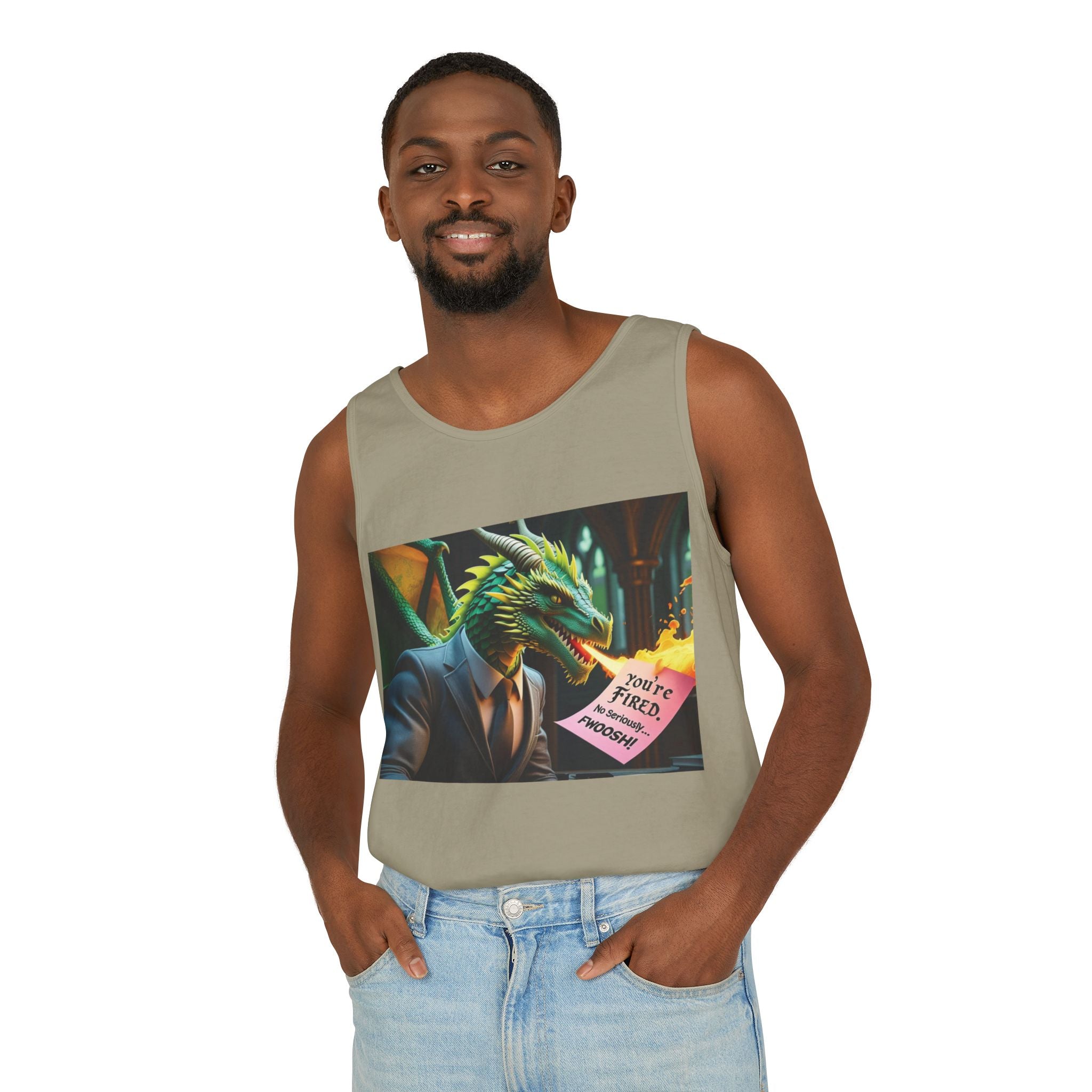 Funny "You're Fired!" Dragon Art Unisex Tank Top, Soft Fabric, Summer Essential, Perfect for Festivals, Gifts for Fantasy Lovers, Casual Wear