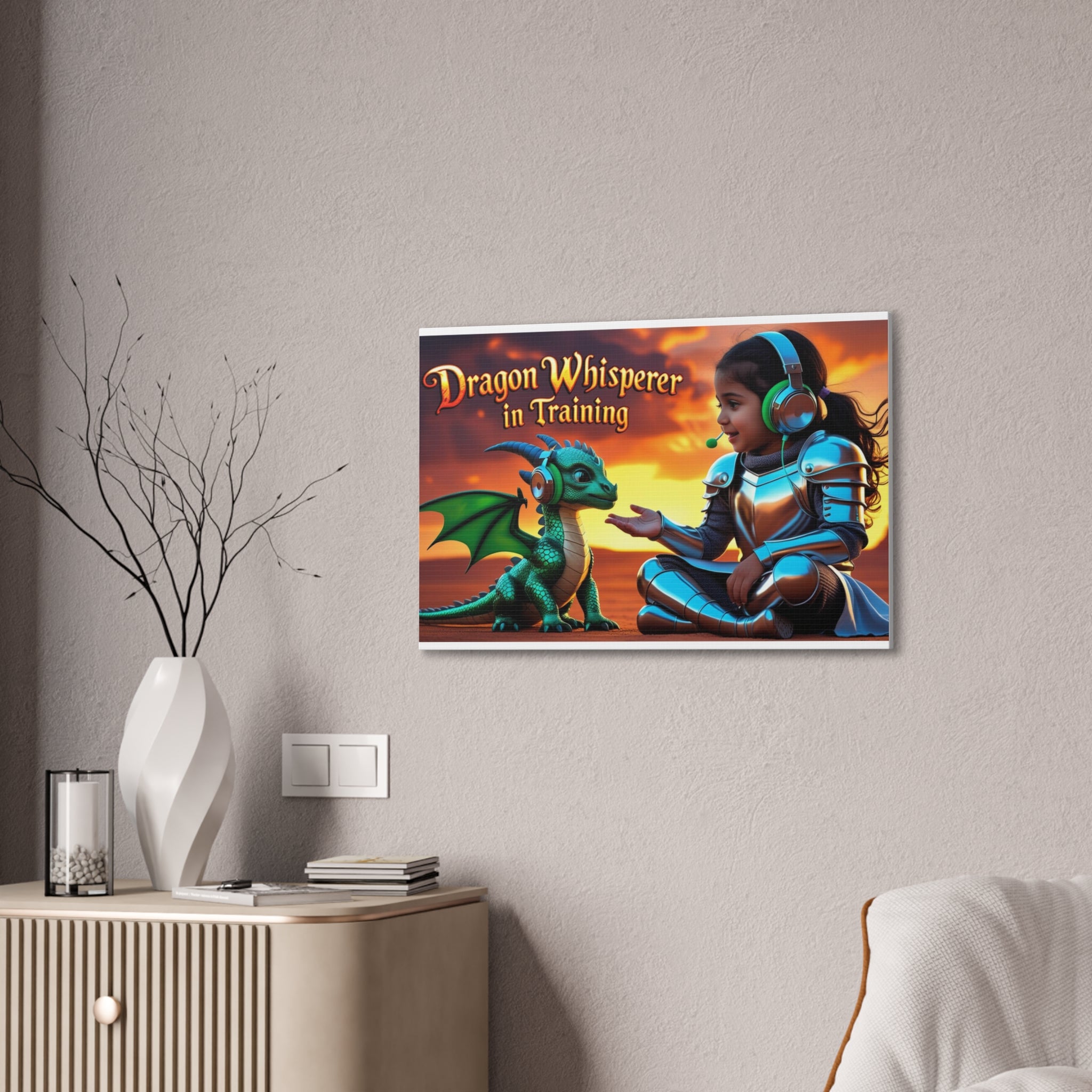 Dragon Whisperer (Girl) Canvas Print, Fantasy Wall Art, Kids Room Decor, Magical Artwork, Gift for Dragon Lovers, Adventure Theme