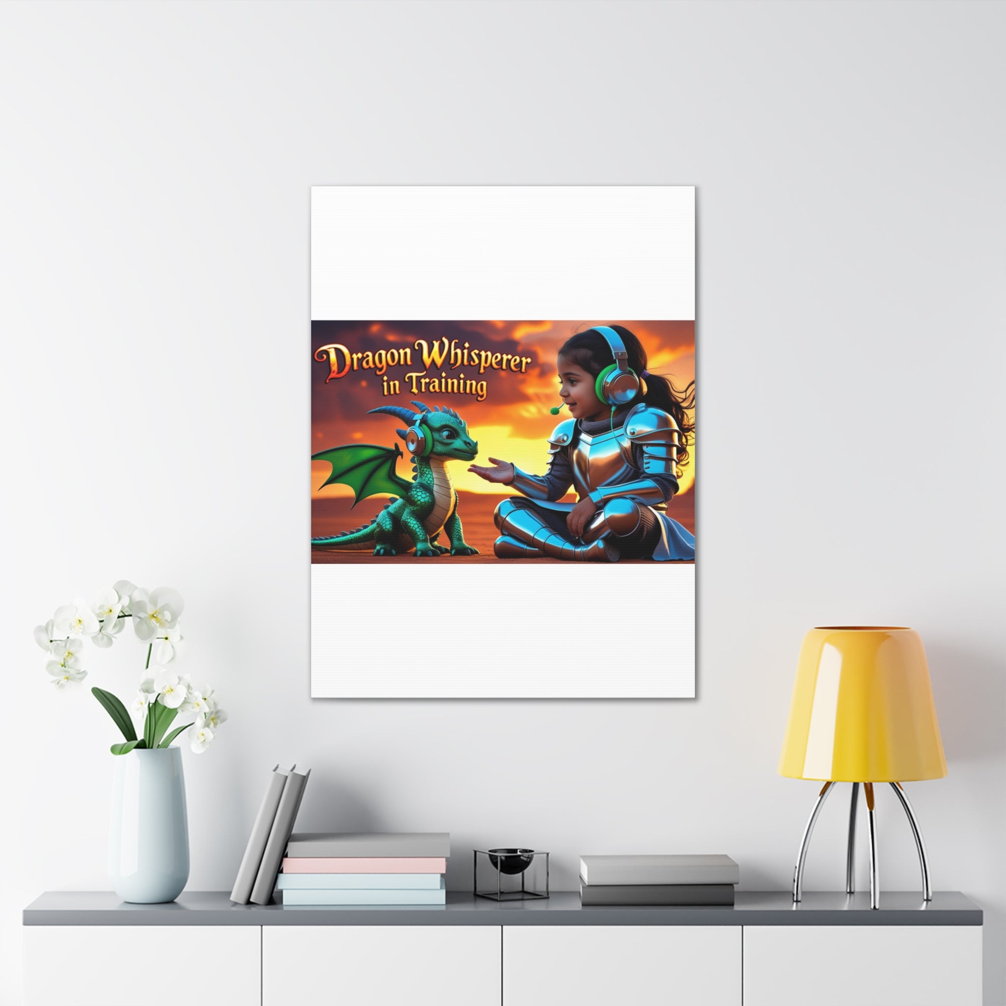 Dragon Whisperer (Girl) Canvas Print, Fantasy Wall Art, Kids Room Decor, Magical Artwork, Gift for Dragon Lovers, Adventure Theme