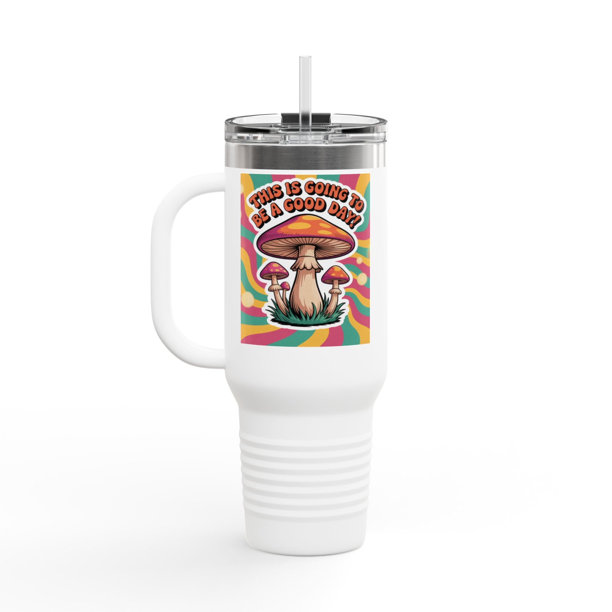 Colorful Happy Mushroom Insulated Travel Mug - Perfect for Adventures, Gifts, Summer Vibes, Camping, Road Trips, Daily Motivation