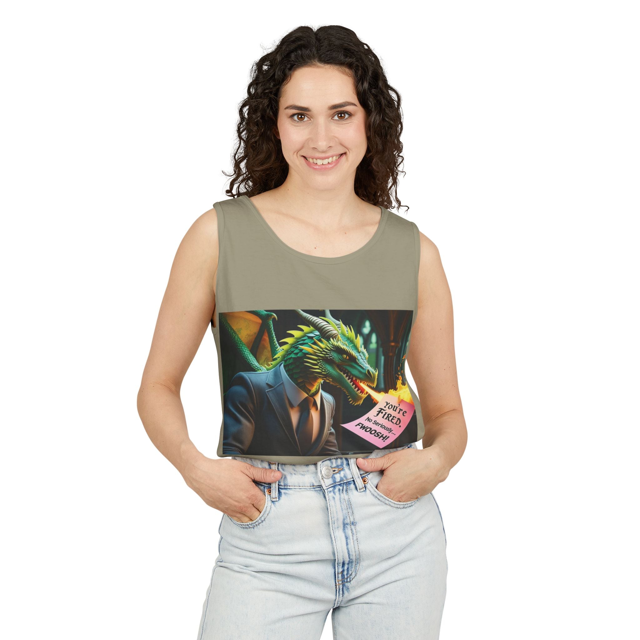 Funny "You're Fired!" Dragon Art Unisex Tank Top, Soft Fabric, Summer Essential, Perfect for Festivals, Gifts for Fantasy Lovers, Casual Wear