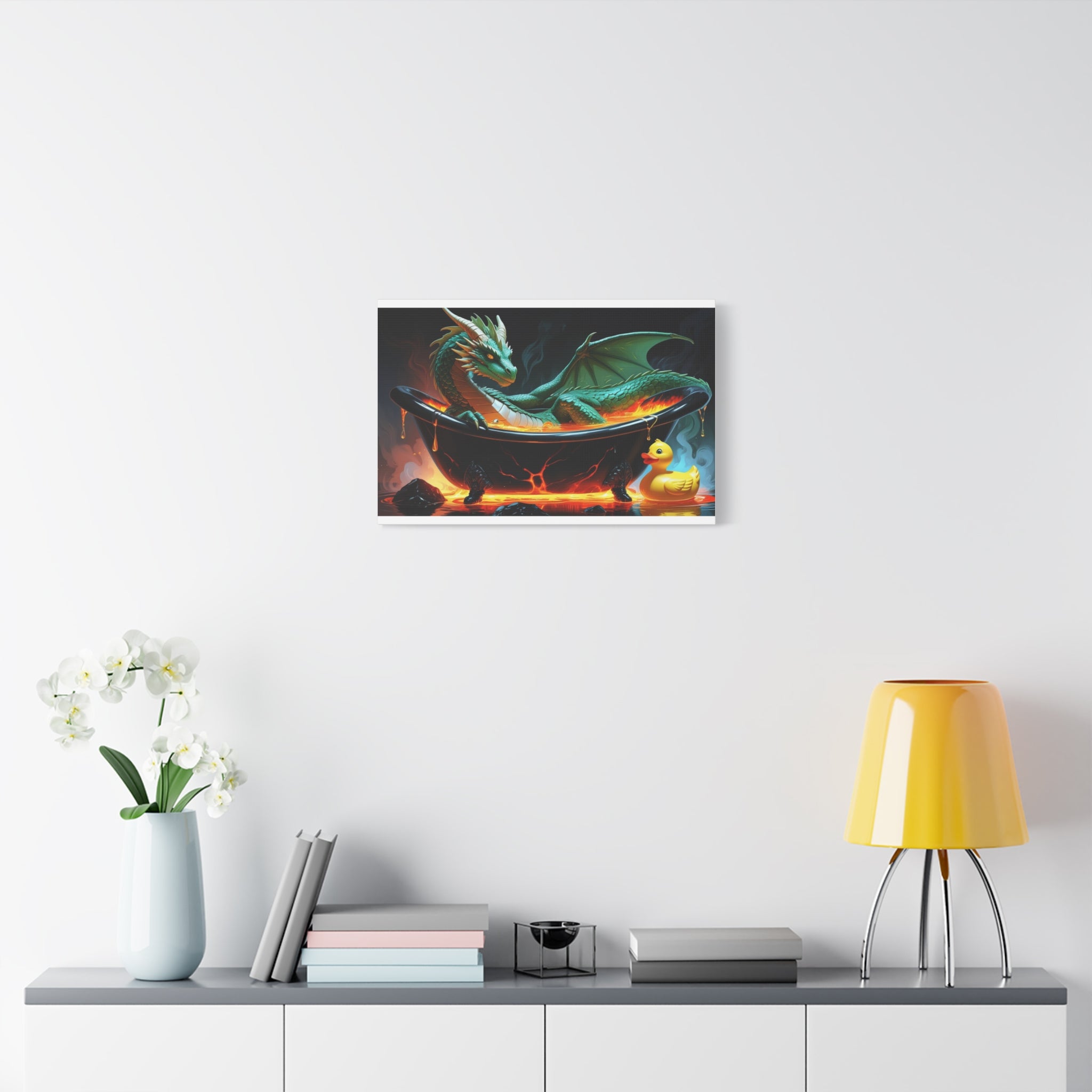 Whimsical Dragon In A Tub  Canvas Wall Art, Fantasy Decor, Kids Room Decor, Unique Gifts for Dragon Lovers, Cute Bathroom Art, Magical Home Decor