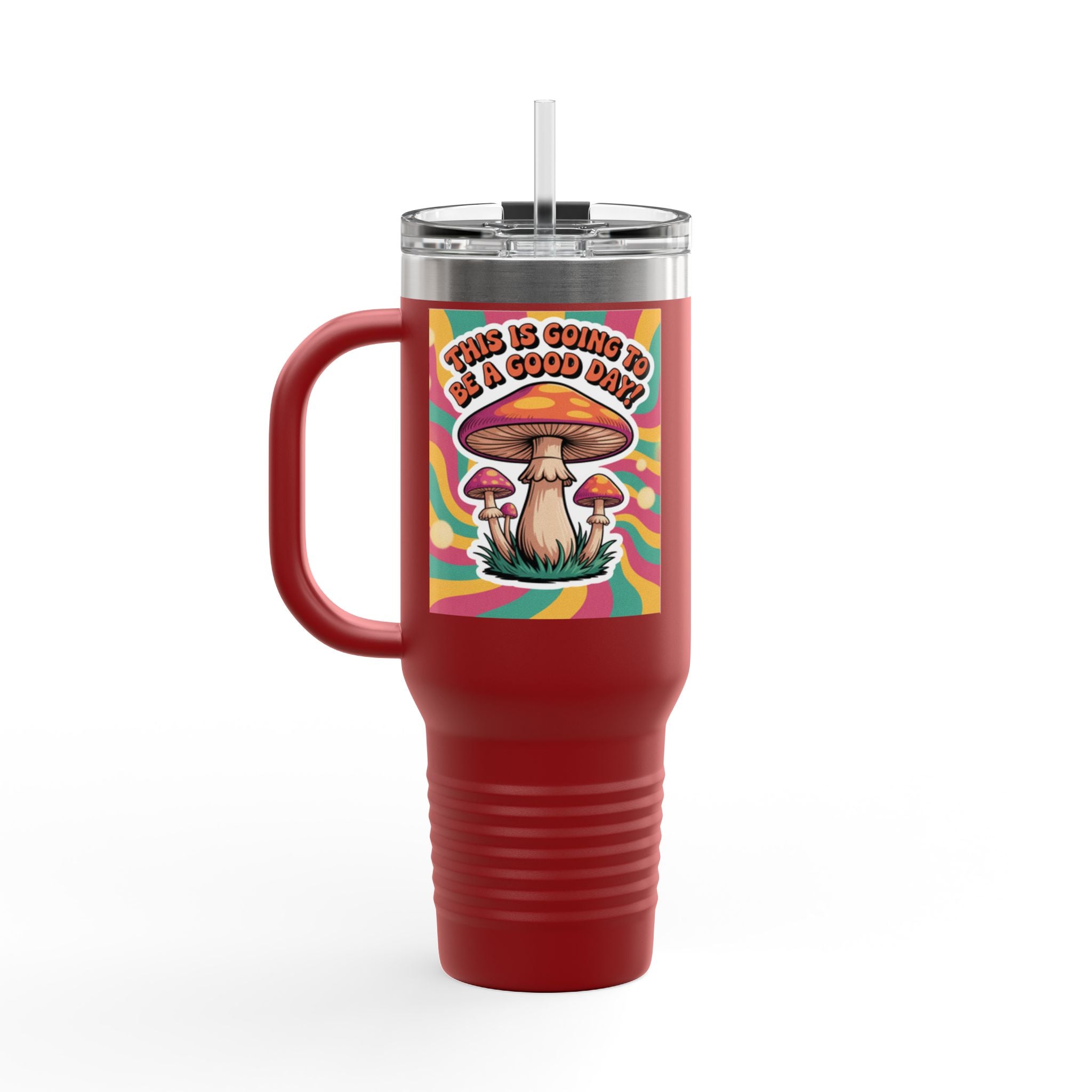 Colorful Happy Mushroom Insulated Travel Mug - Perfect for Adventures, Gifts, Summer Vibes, Camping, Road Trips, Daily Motivation