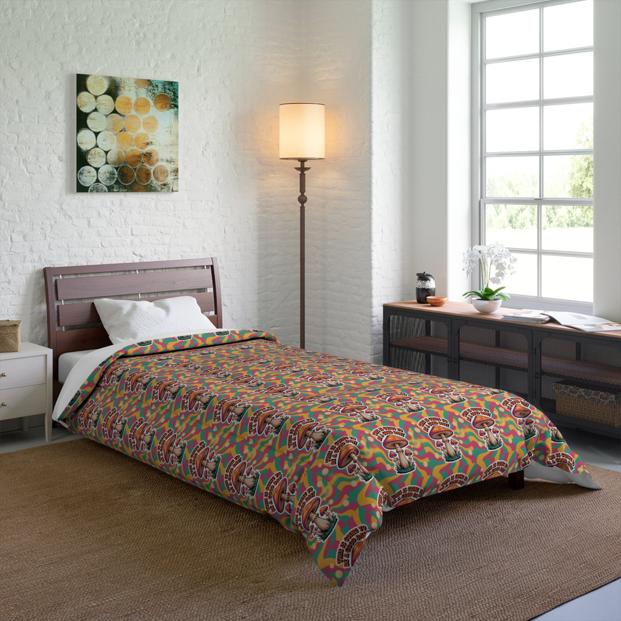 Retro 70s Mushroom Vibrant Boho Comforter, Cozy Bedroom Decor, Colorful Bedding Set, Gift for Home Lovers, Chic Comforter for Every Occasion
