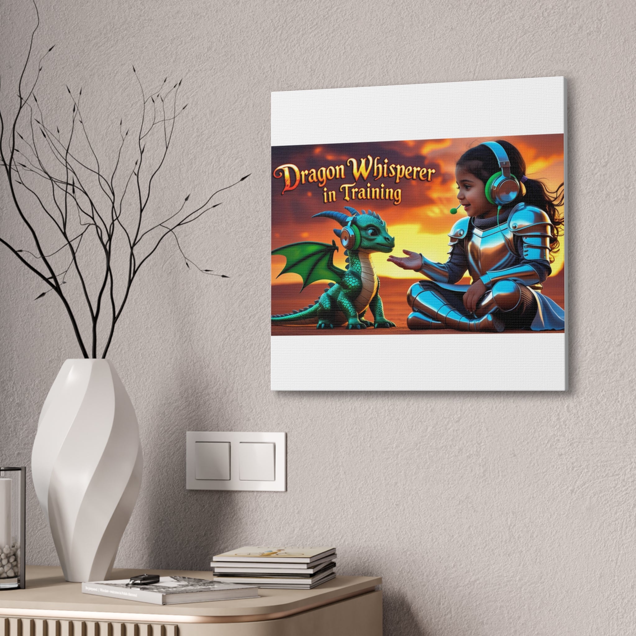Dragon Whisperer (Girl) Canvas Print, Fantasy Wall Art, Kids Room Decor, Magical Artwork, Gift for Dragon Lovers, Adventure Theme