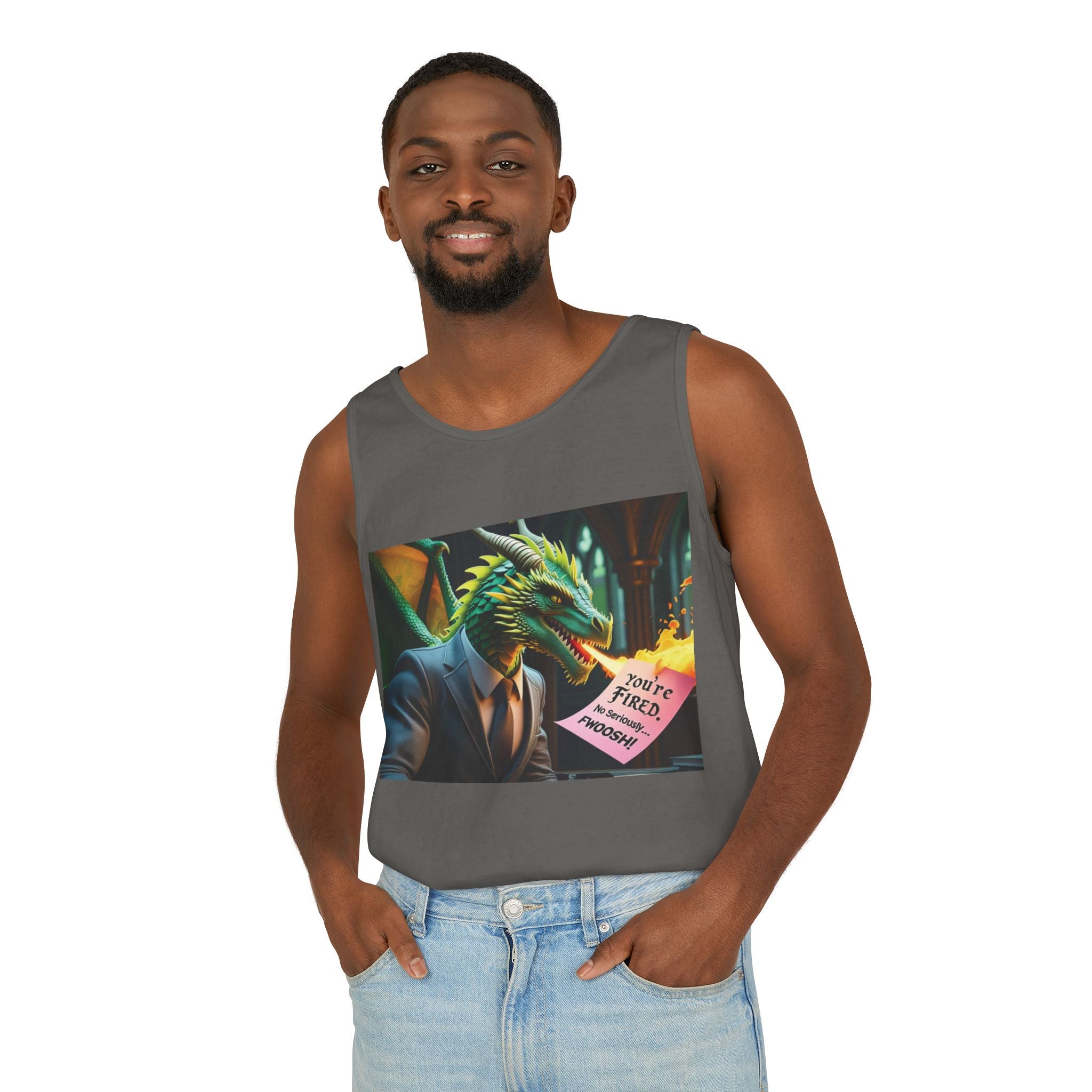 Funny "You're Fired!" Dragon Art Unisex Tank Top, Soft Fabric, Summer Essential, Perfect for Festivals, Gifts for Fantasy Lovers, Casual Wear