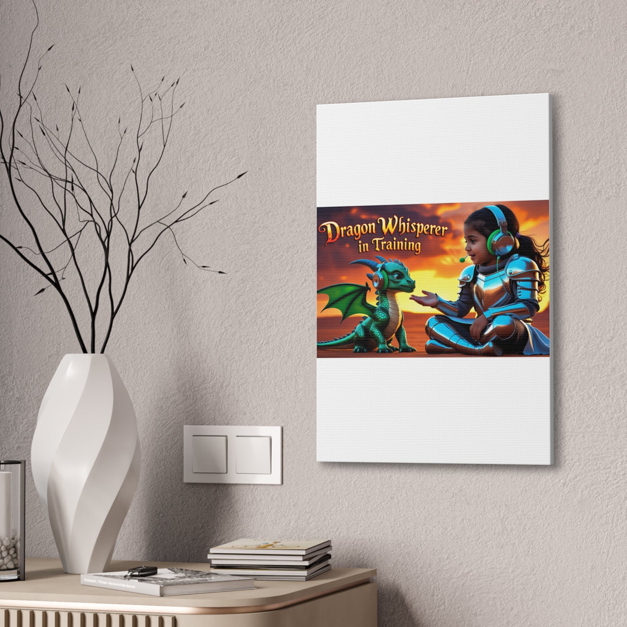 Dragon Whisperer (Girl) Canvas Print, Fantasy Wall Art, Kids Room Decor, Magical Artwork, Gift for Dragon Lovers, Adventure Theme
