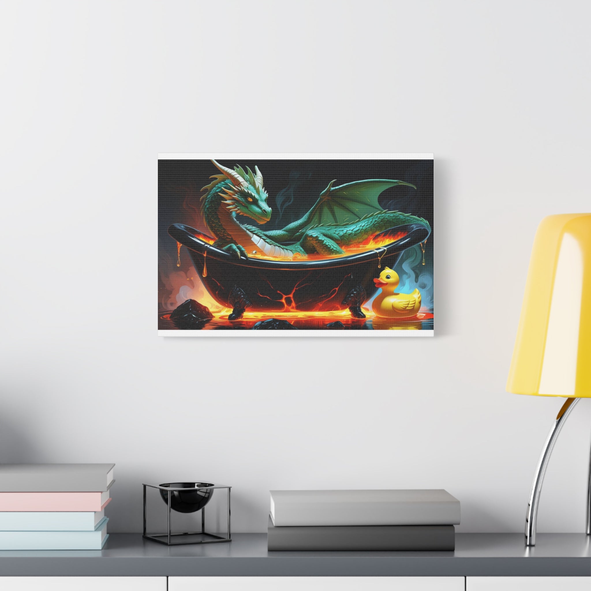 Whimsical Dragon In A Tub  Canvas Wall Art, Fantasy Decor, Kids Room Decor, Unique Gifts for Dragon Lovers, Cute Bathroom Art, Magical Home Decor