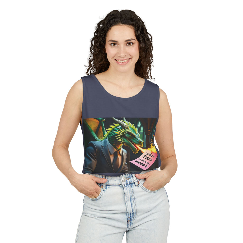 Funny "You're Fired!" Dragon Art Unisex Tank Top, Soft Fabric, Summer Essential, Perfect for Festivals, Gifts for Fantasy Lovers, Casual Wear