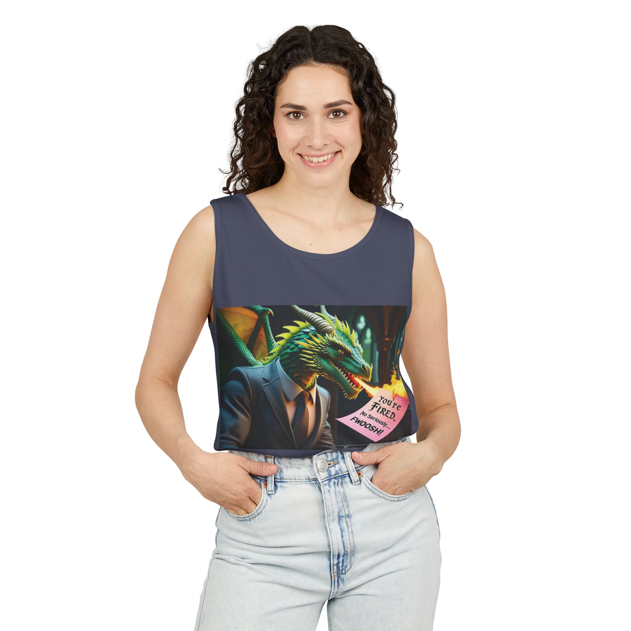 Funny "You're Fired!" Dragon Art Unisex Tank Top, Soft Fabric, Summer Essential, Perfect for Festivals, Gifts for Fantasy Lovers, Casual Wear
