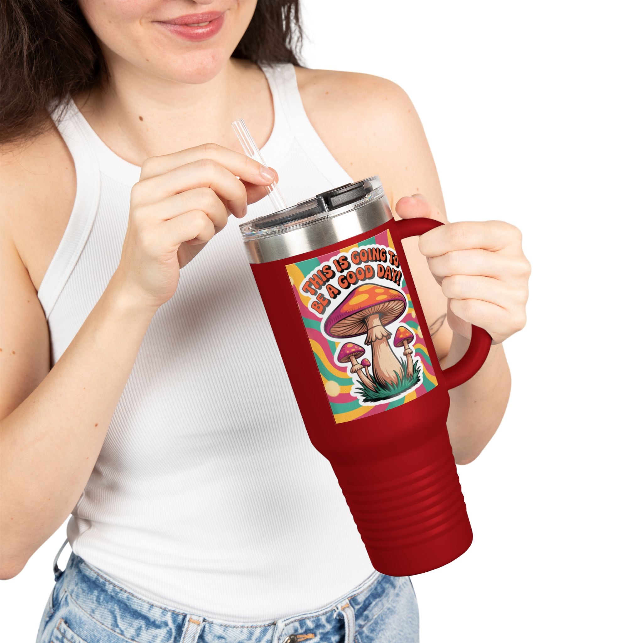 Colorful Happy Mushroom Insulated Travel Mug - Perfect for Adventures, Gifts, Summer Vibes, Camping, Road Trips, Daily Motivation