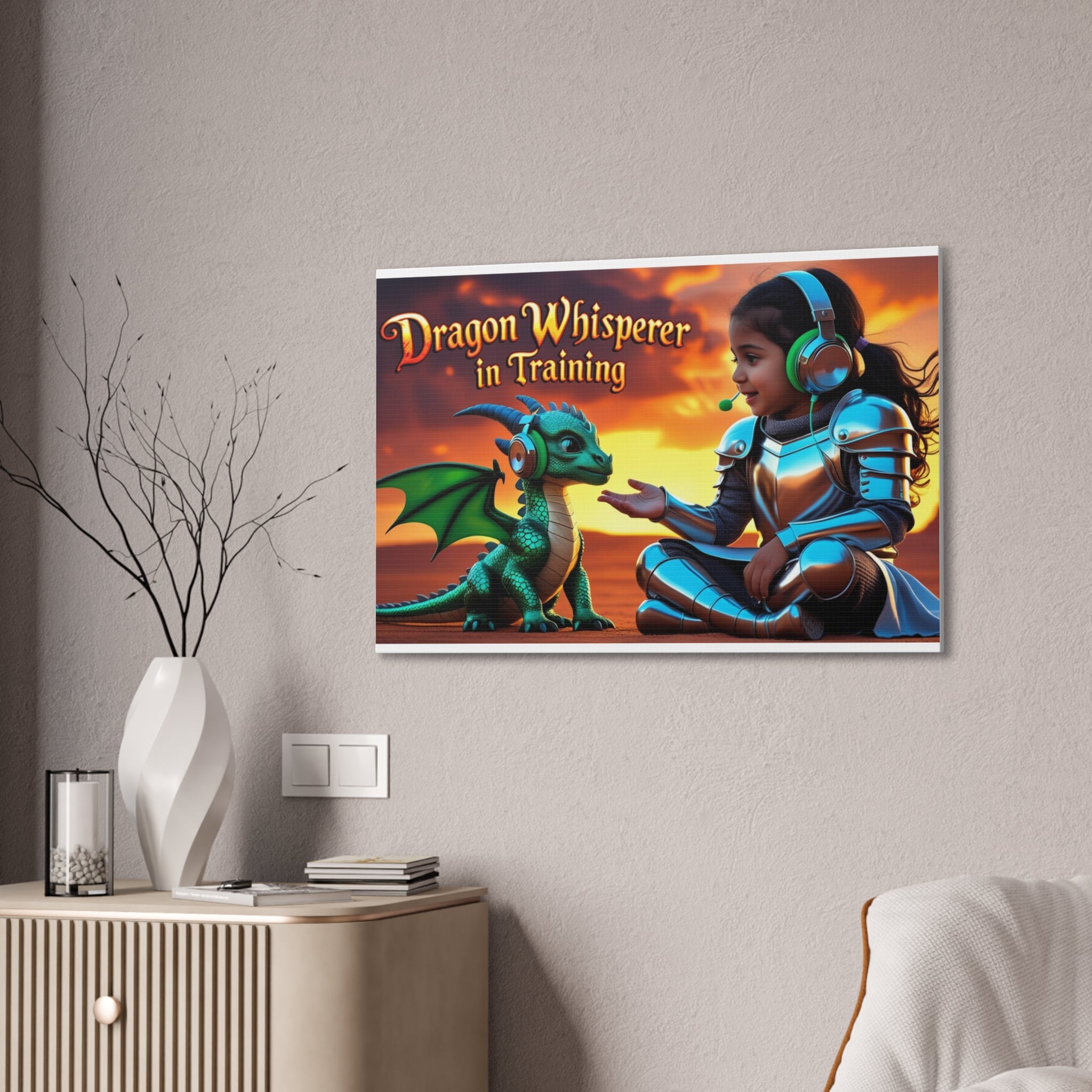 Dragon Whisperer (Girl) Canvas Print, Fantasy Wall Art, Kids Room Decor, Magical Artwork, Gift for Dragon Lovers, Adventure Theme