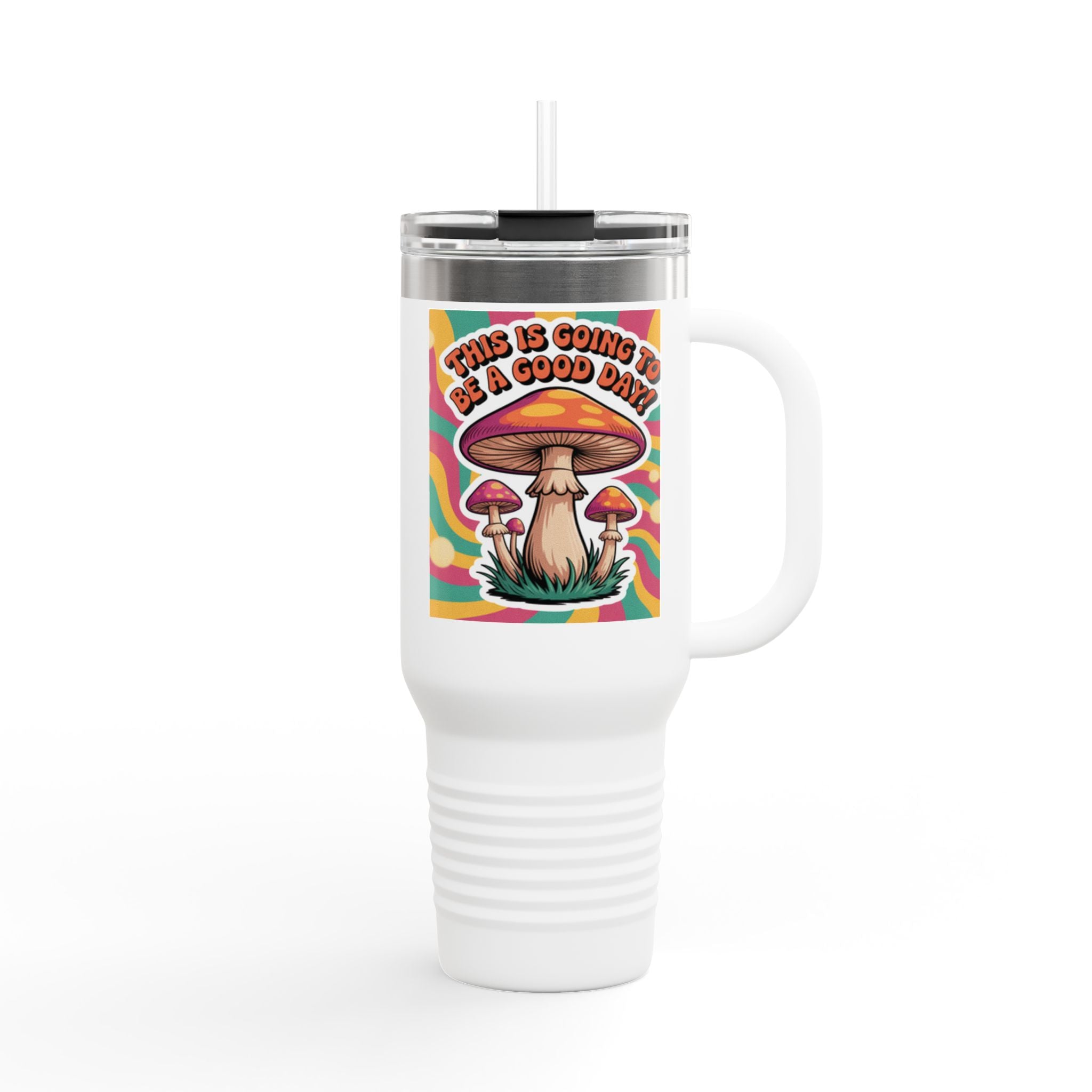 Colorful Happy Mushroom Insulated Travel Mug - Perfect for Adventures, Gifts, Summer Vibes, Camping, Road Trips, Daily Motivation