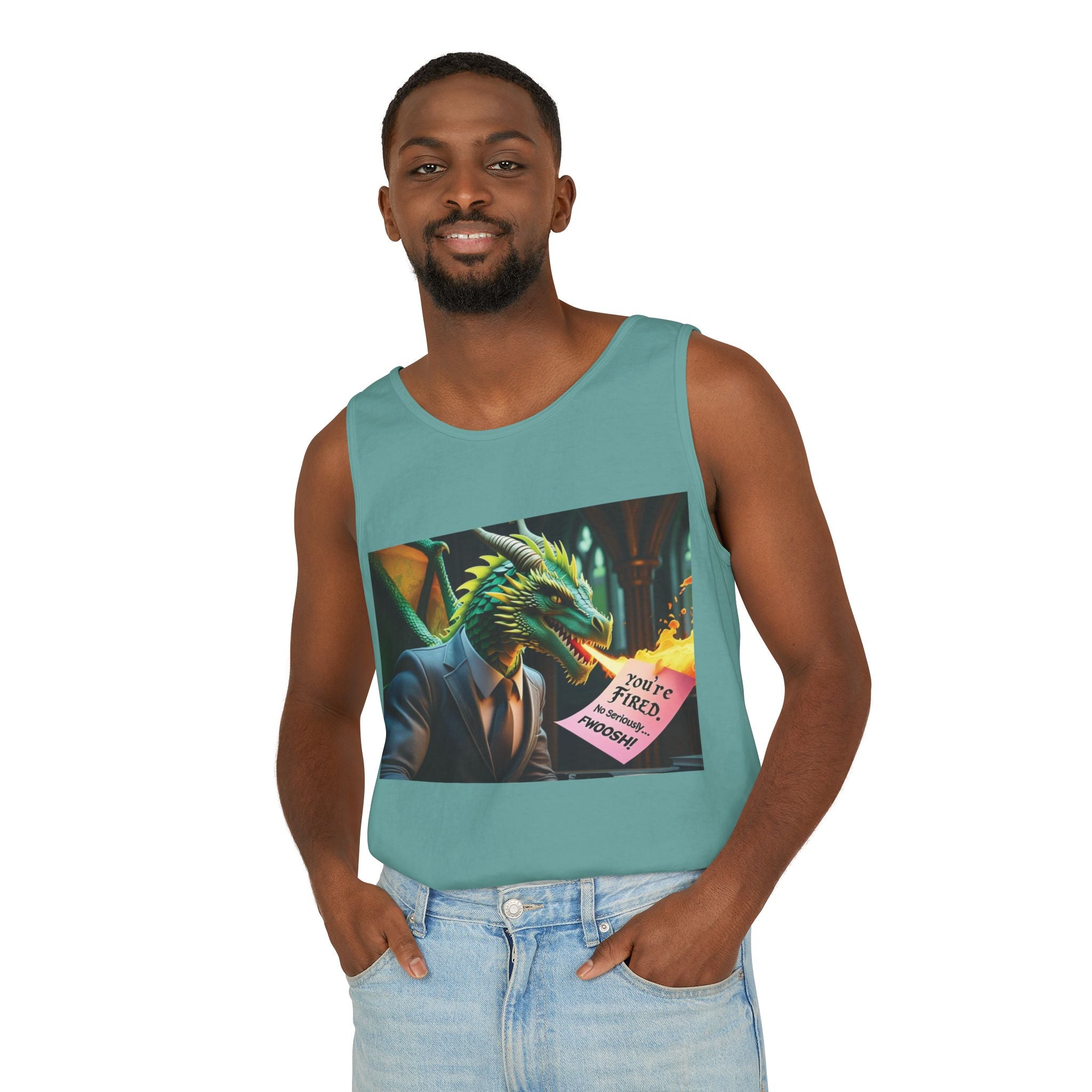 Funny "You're Fired!" Dragon Art Unisex Tank Top, Soft Fabric, Summer Essential, Perfect for Festivals, Gifts for Fantasy Lovers, Casual Wear