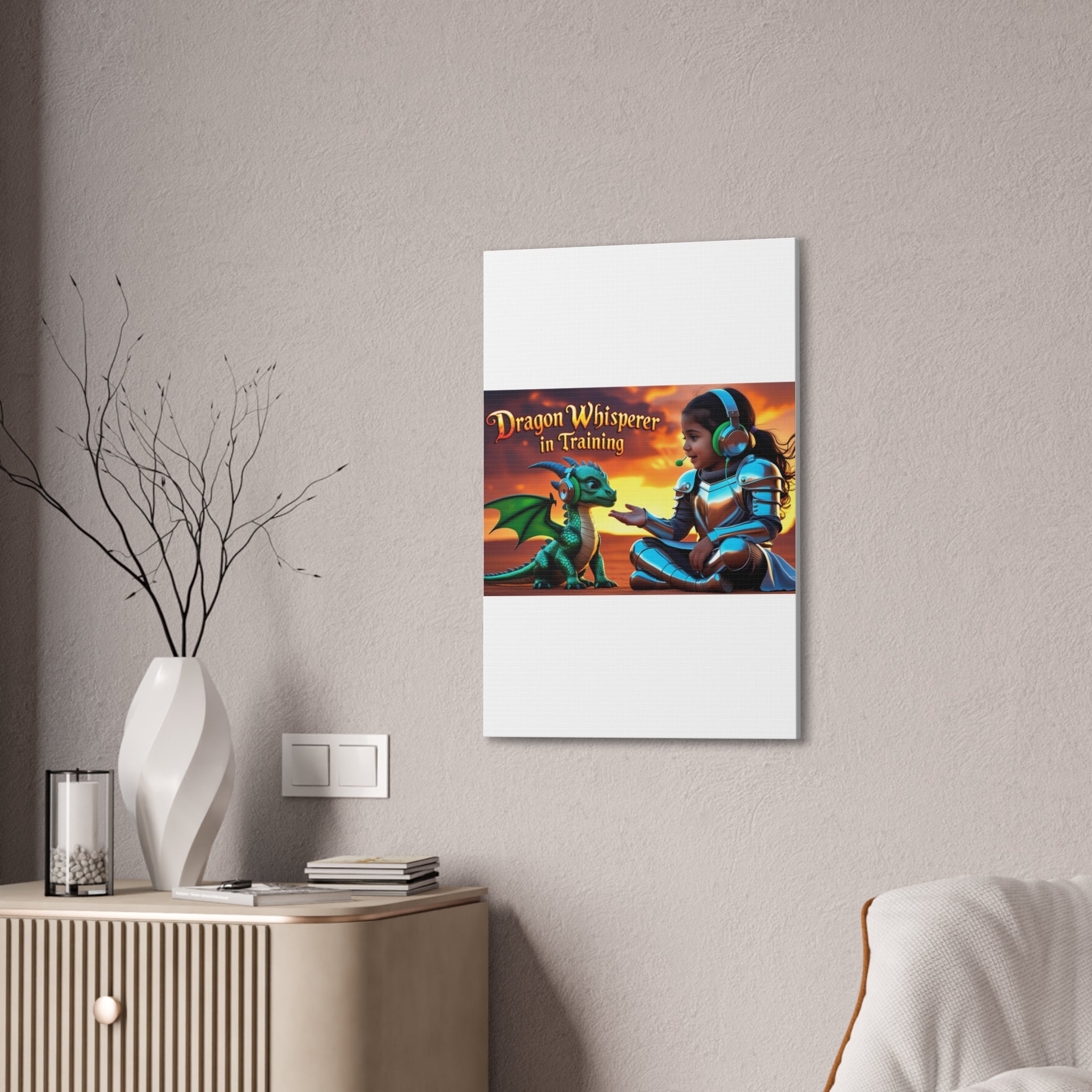 Dragon Whisperer (Girl) Canvas Print, Fantasy Wall Art, Kids Room Decor, Magical Artwork, Gift for Dragon Lovers, Adventure Theme
