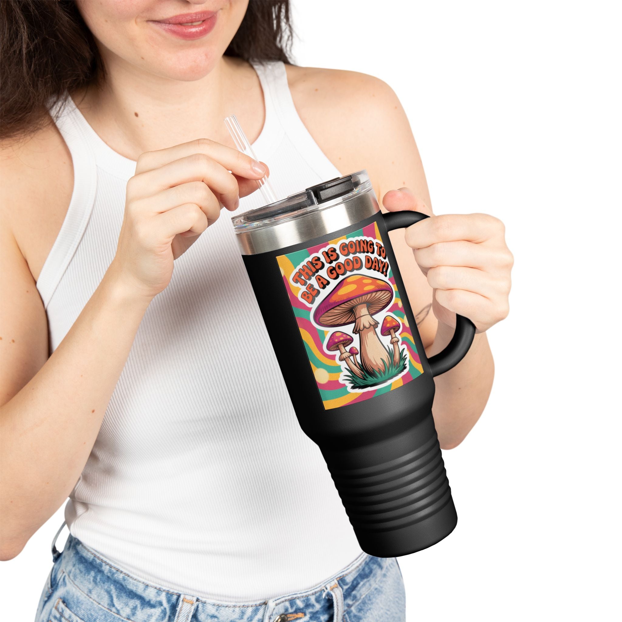 Colorful Happy Mushroom Insulated Travel Mug - Perfect for Adventures, Gifts, Summer Vibes, Camping, Road Trips, Daily Motivation