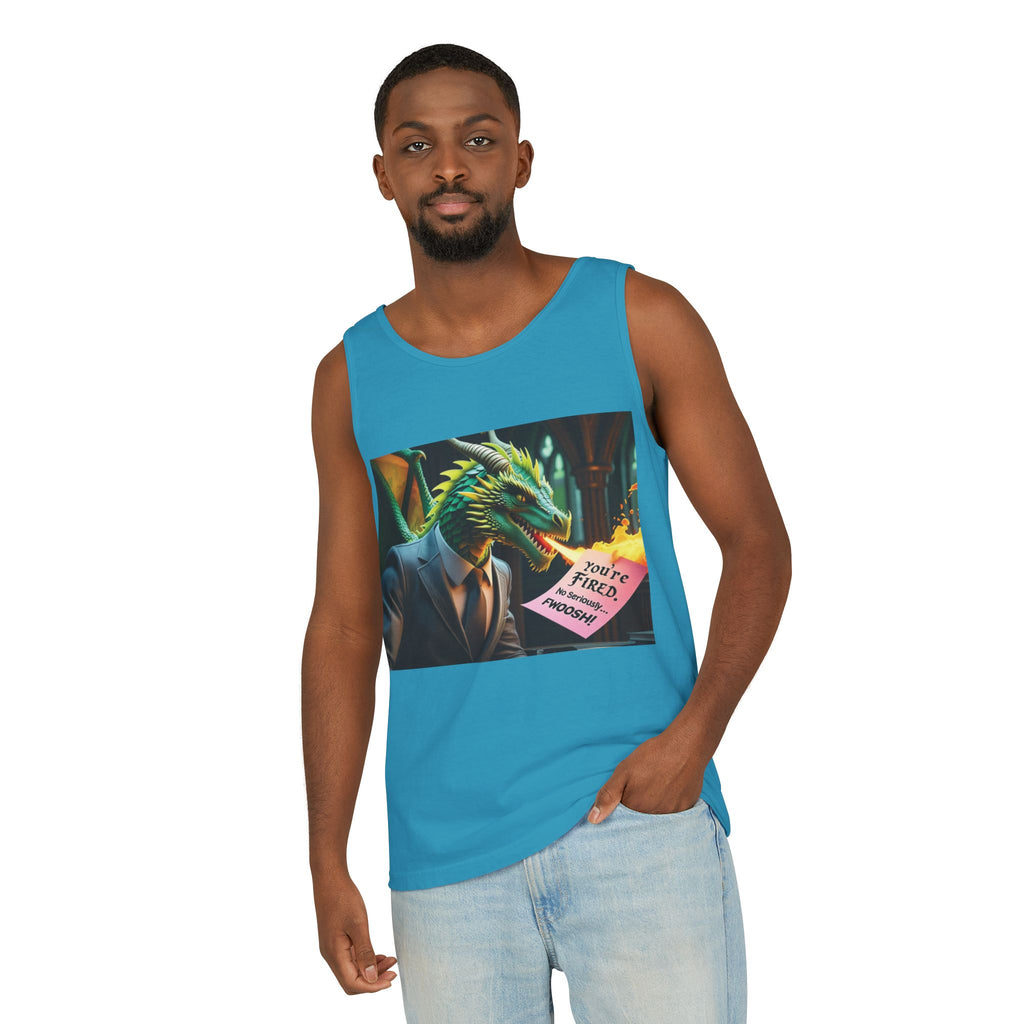 Funny "You're Fired!" Dragon Art Unisex Tank Top, Soft Fabric, Summer Essential, Perfect for Festivals, Gifts for Fantasy Lovers, Casual Wear