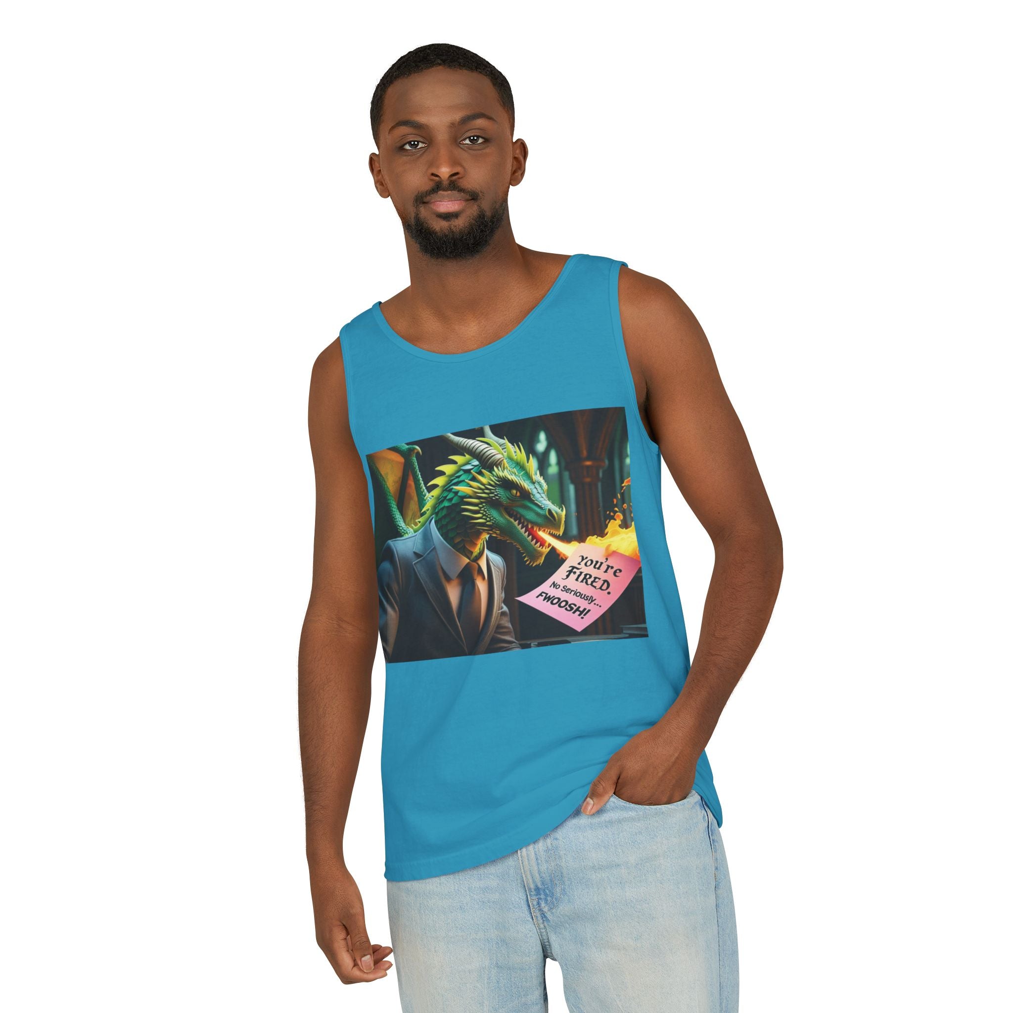 Funny "You're Fired!" Dragon Art Unisex Tank Top, Soft Fabric, Summer Essential, Perfect for Festivals, Gifts for Fantasy Lovers, Casual Wear
