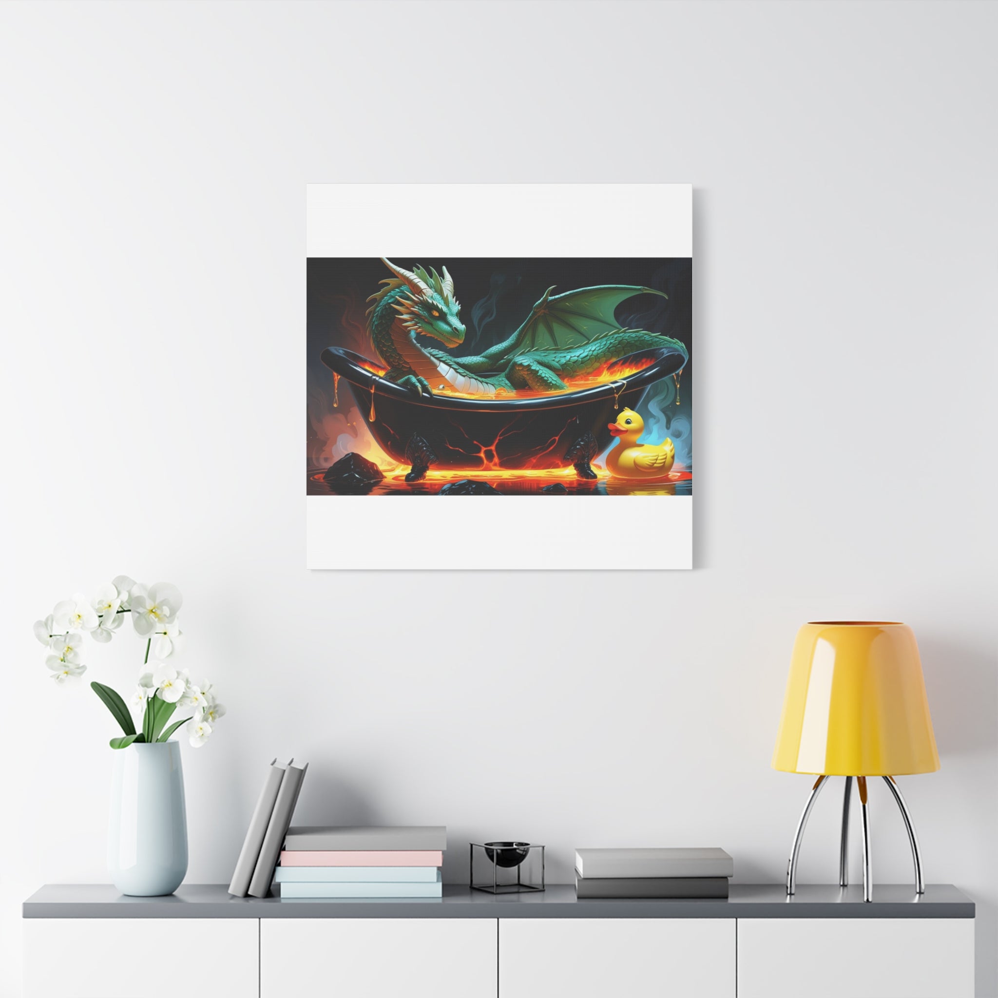 Whimsical Dragon In A Tub  Canvas Wall Art, Fantasy Decor, Kids Room Decor, Unique Gifts for Dragon Lovers, Cute Bathroom Art, Magical Home Decor
