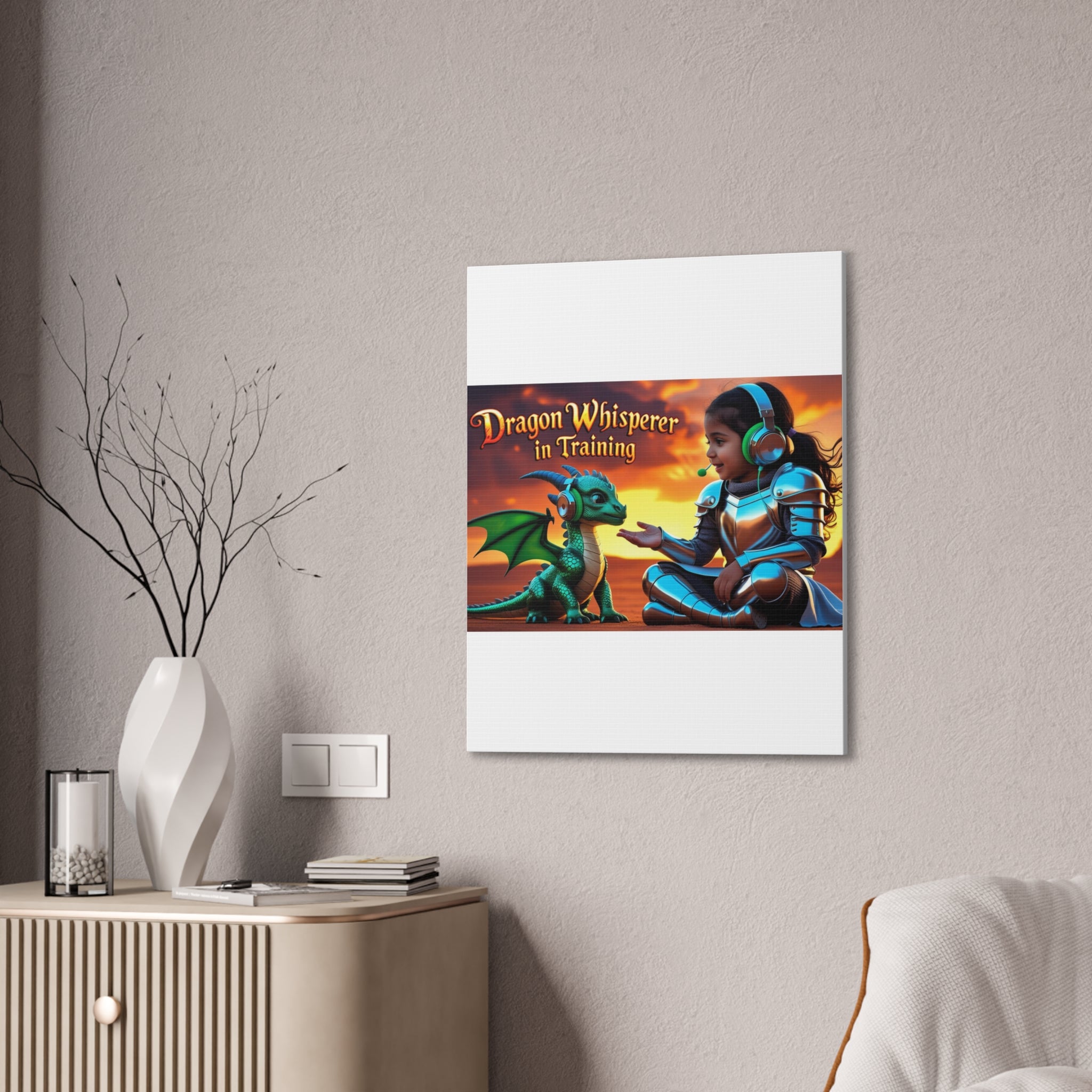 Dragon Whisperer (Girl) Canvas Print, Fantasy Wall Art, Kids Room Decor, Magical Artwork, Gift for Dragon Lovers, Adventure Theme