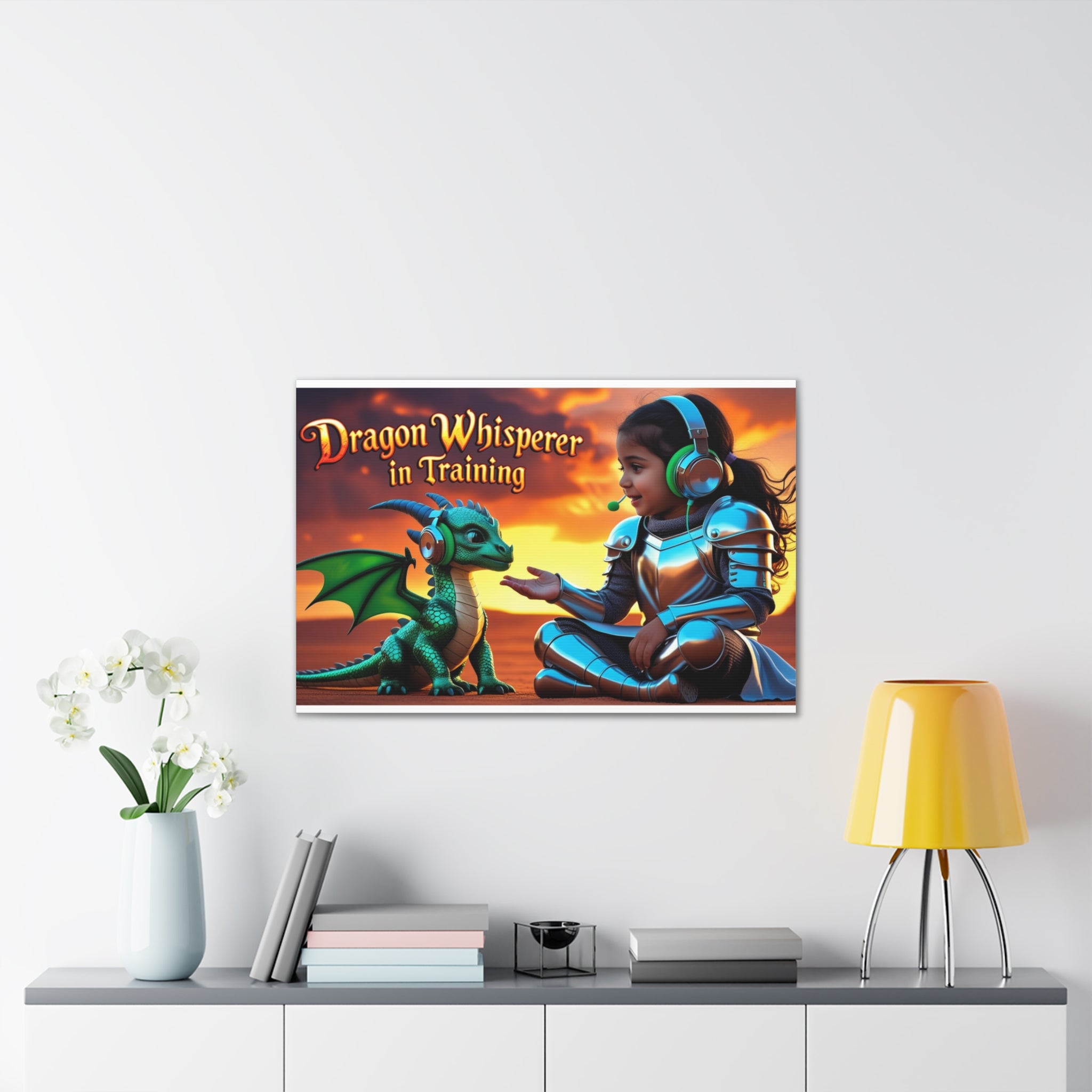 Dragon Whisperer (Girl) Canvas Print, Fantasy Wall Art, Kids Room Decor, Magical Artwork, Gift for Dragon Lovers, Adventure Theme
