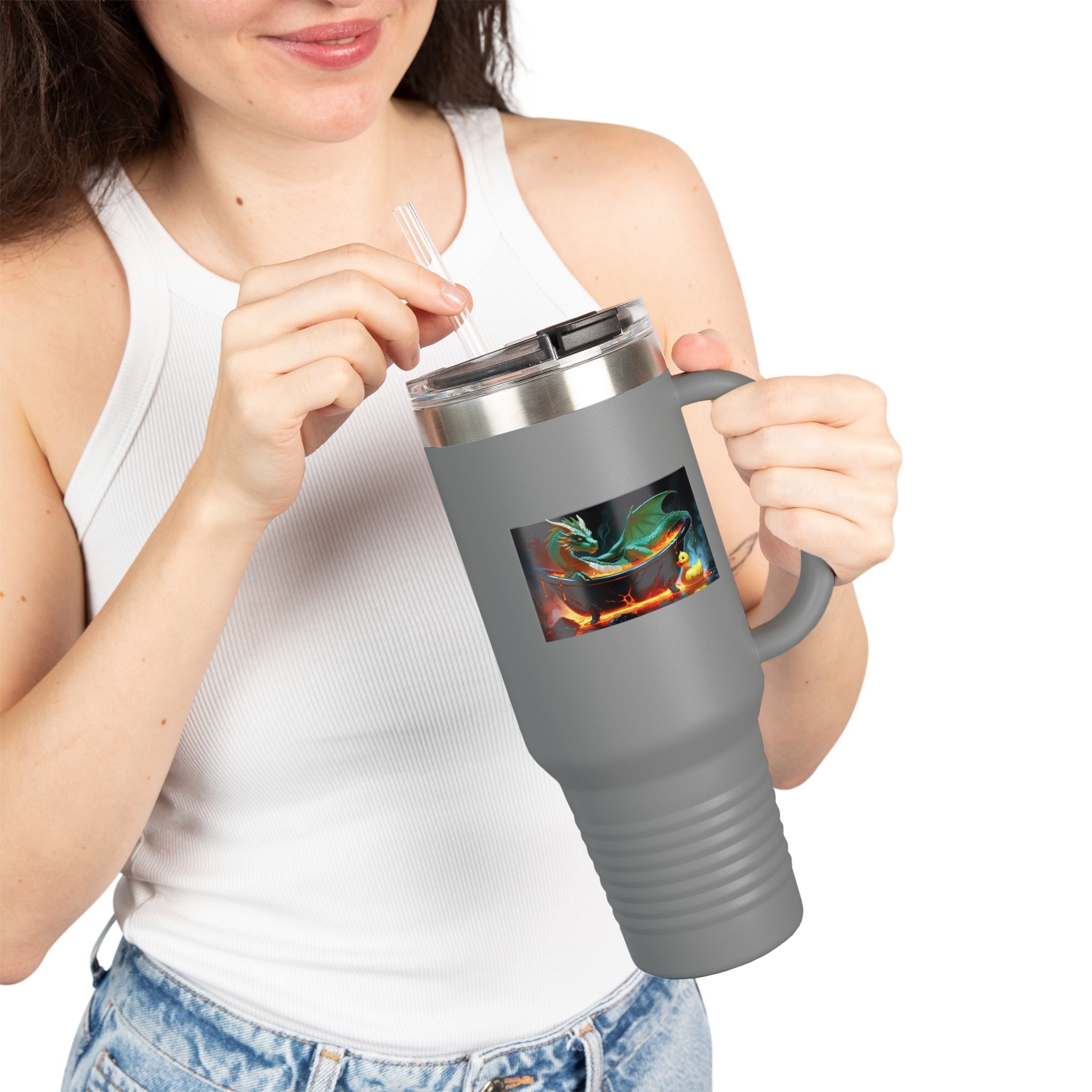 Fun Fantasy Dragon Bath Time Insulated Travel Mug, 40oz - Perfect for Adventures & Celebrations, Dragon Design, Hot & Cold Beverages, Gift for Fantasy Lovers