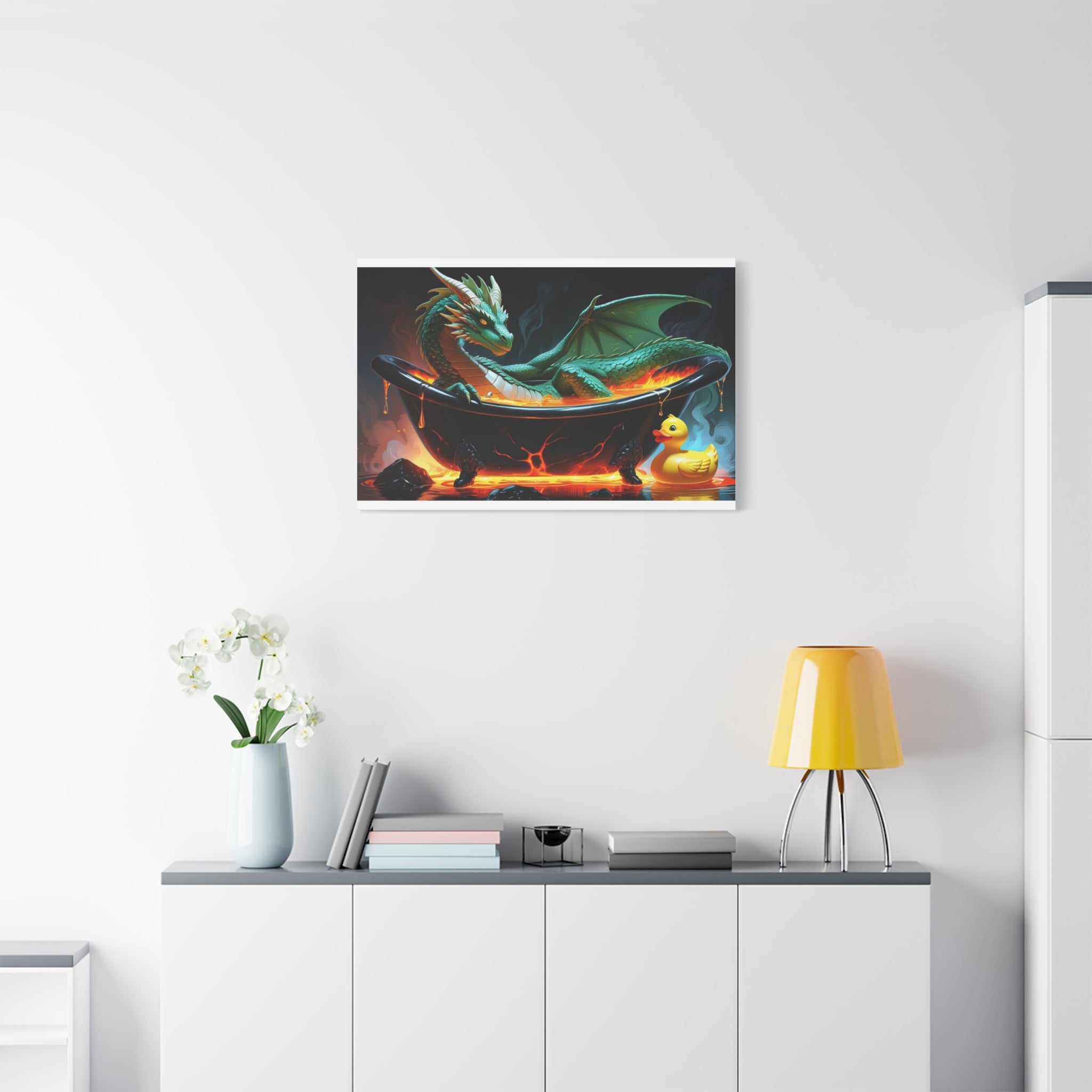 Whimsical Dragon In A Tub  Canvas Wall Art, Fantasy Decor, Kids Room Decor, Unique Gifts for Dragon Lovers, Cute Bathroom Art, Magical Home Decor